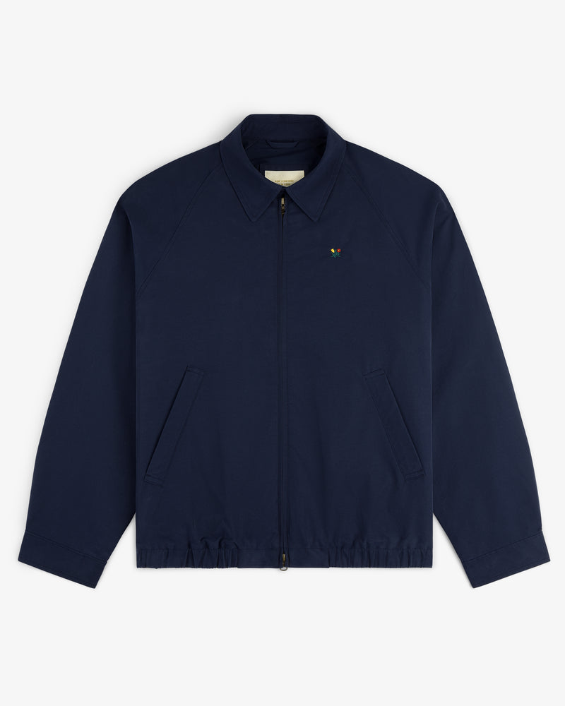 Crest Casual Jacket: Navy blue zip-up with collar, two front pockets, and small chest embroidered logo.