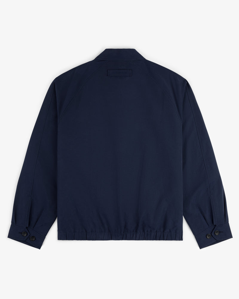 Crest Casual Jacket in navy blue, shown from the back, with collar, buttoned cuffs, and elastic waistband.