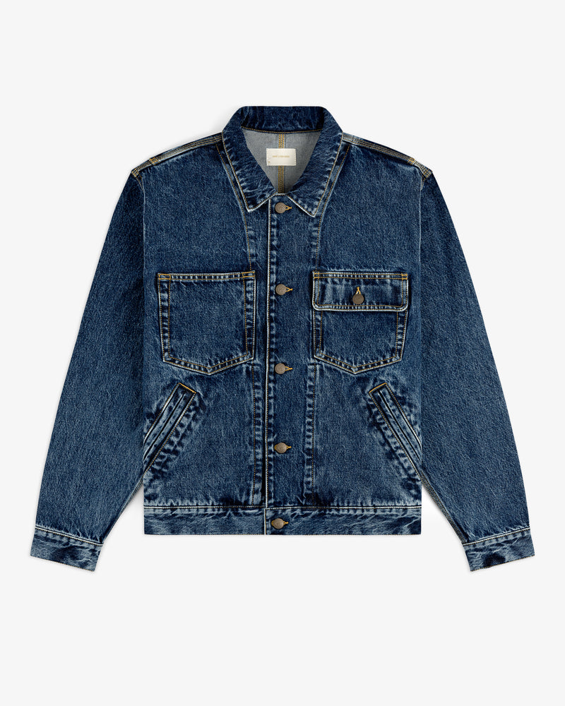 Denim Trucker Jacket with front buttons, two chest pockets, and angled side pockets on a white background.