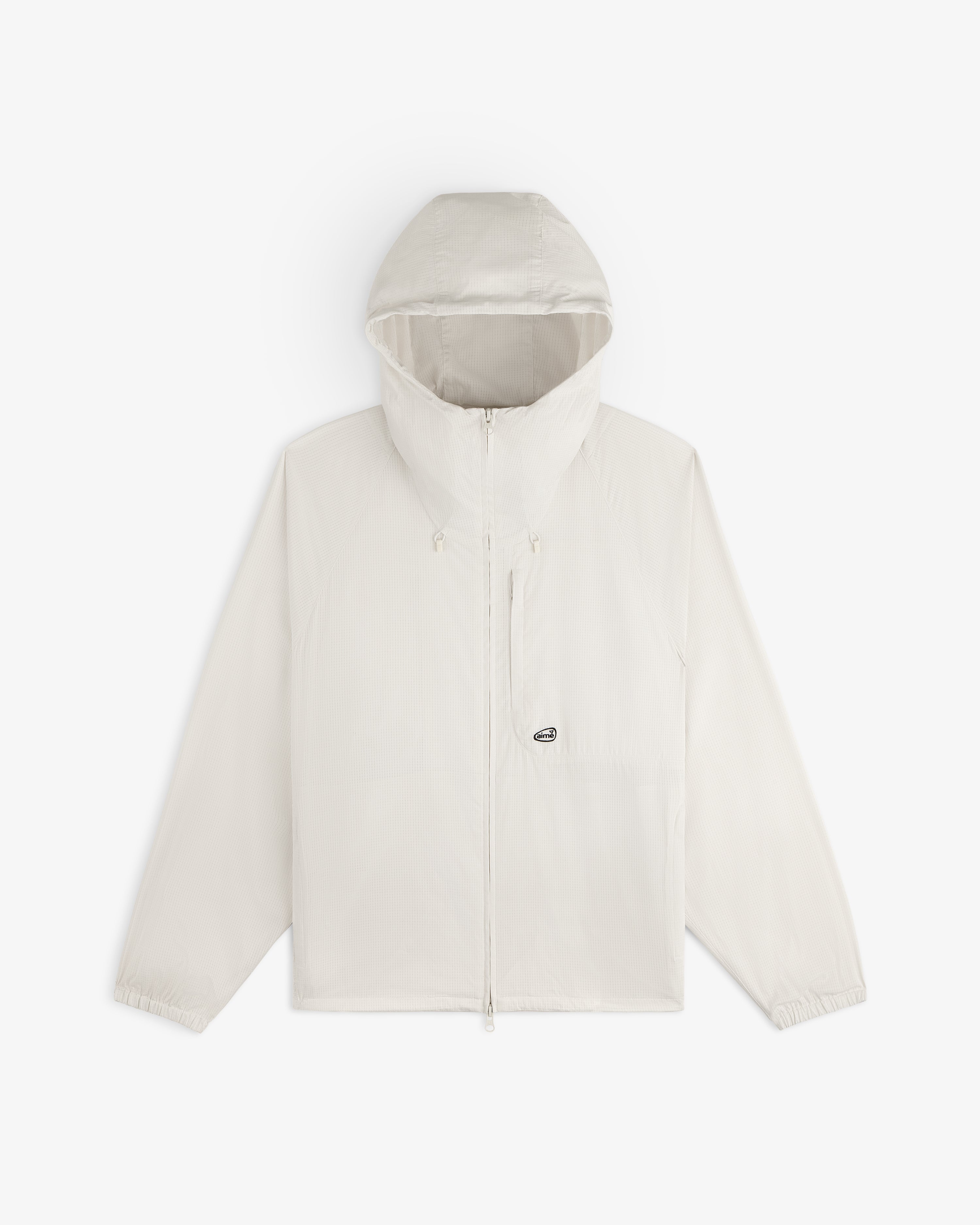 ALD Golf Lightweight Tips Windbreaker: white hooded zip-up with elastic cuffs, front pockets, and chest logo.