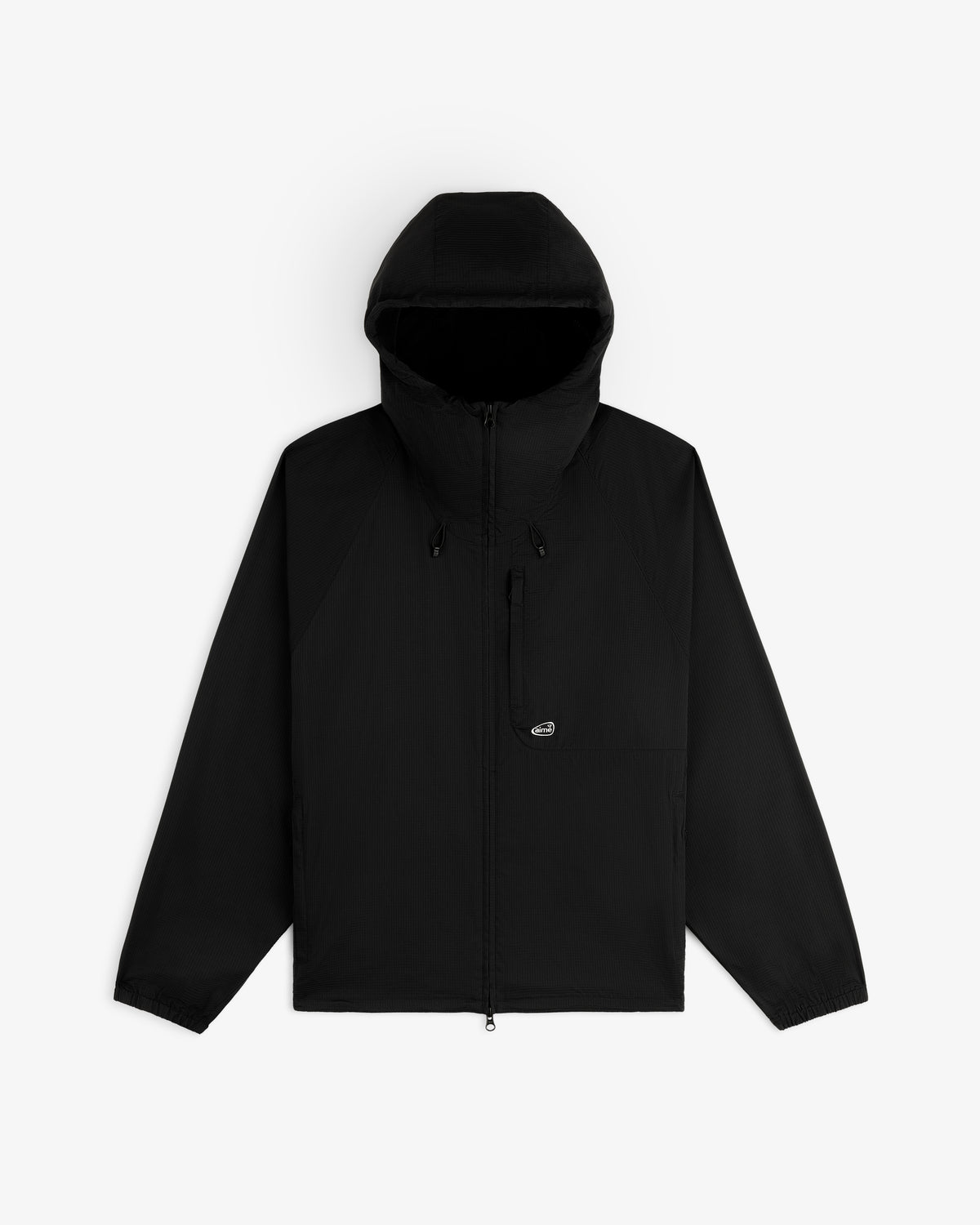 ALD Golf Lightweight Tips Windbreaker in black with hood, front zipper, chest pocket, and small left-side logo.