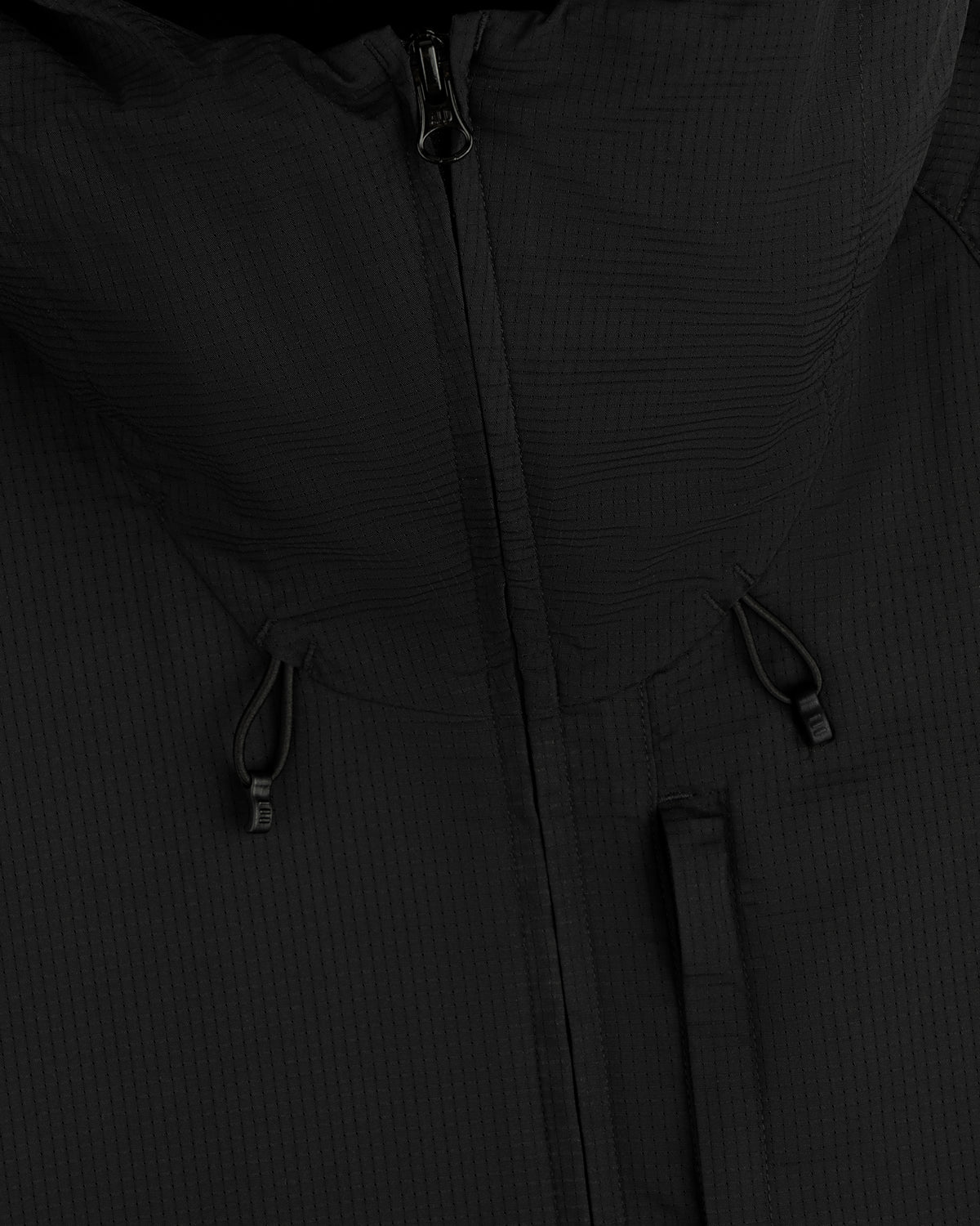 Close-up of the ALD Golf Lightweight Tips Windbreaker in black, featuring a zipper, hood, and adjustable drawstrings.