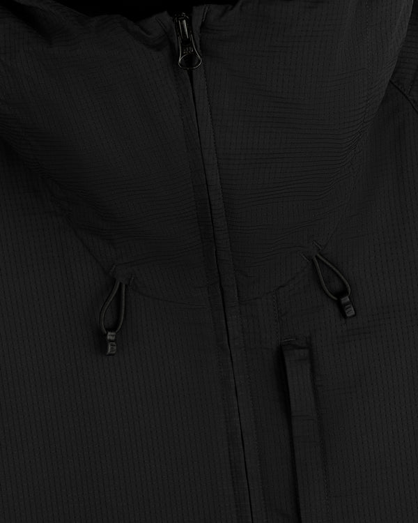 Close-up of the ALD Golf Lightweight Tips Windbreaker in black, featuring a zipper, hood, and adjustable drawstrings.