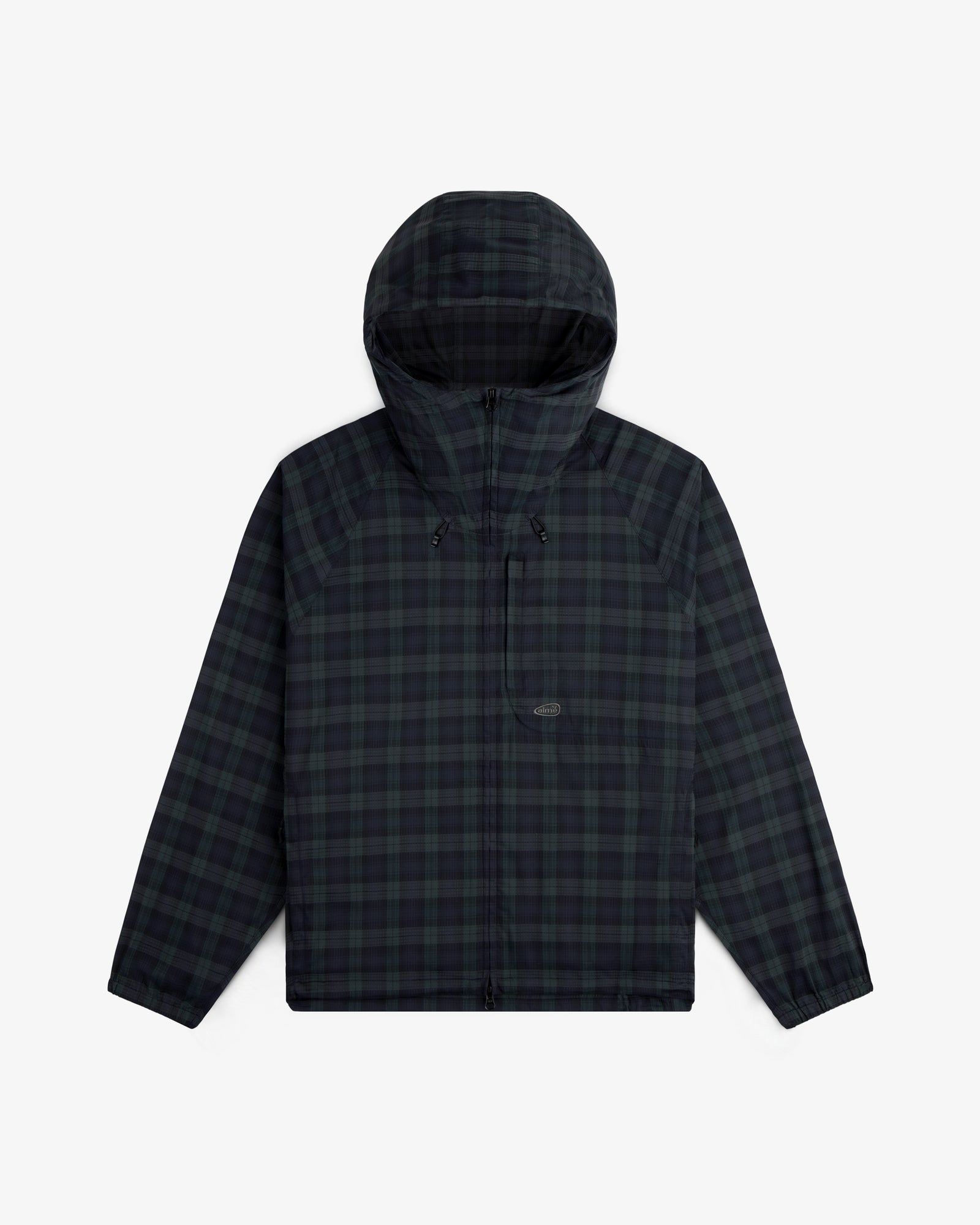 ALD Golf Lightweight Tips Windbreaker in dark green and navy plaid with hood, front zipper, chest pocket, and drawstrings.