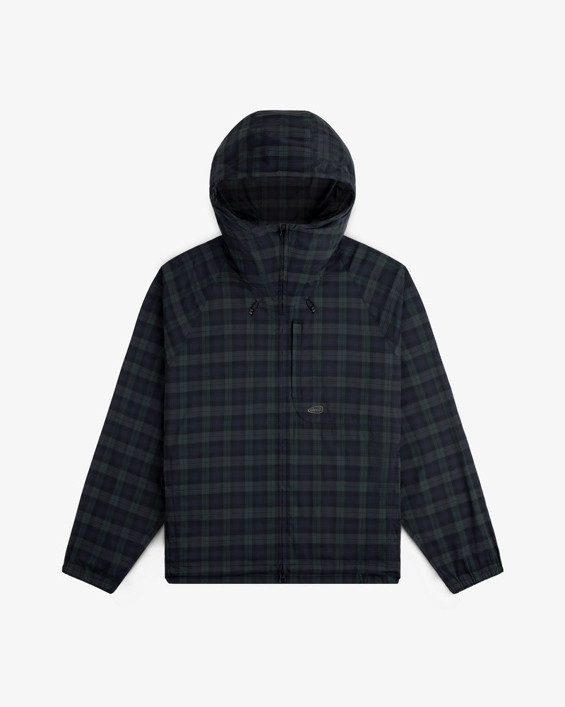 ALD Golf Lightweight Tips Windbreaker in dark green and navy plaid with hood, front zipper, chest pocket, and drawstrings.