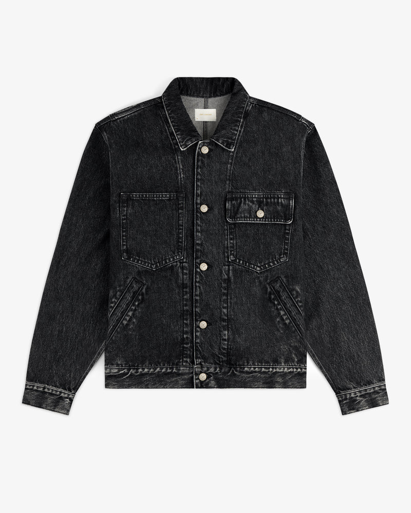 Denim Trucker Jacket in black with silver buttons, two front pockets, and a chest pocket on a white background.