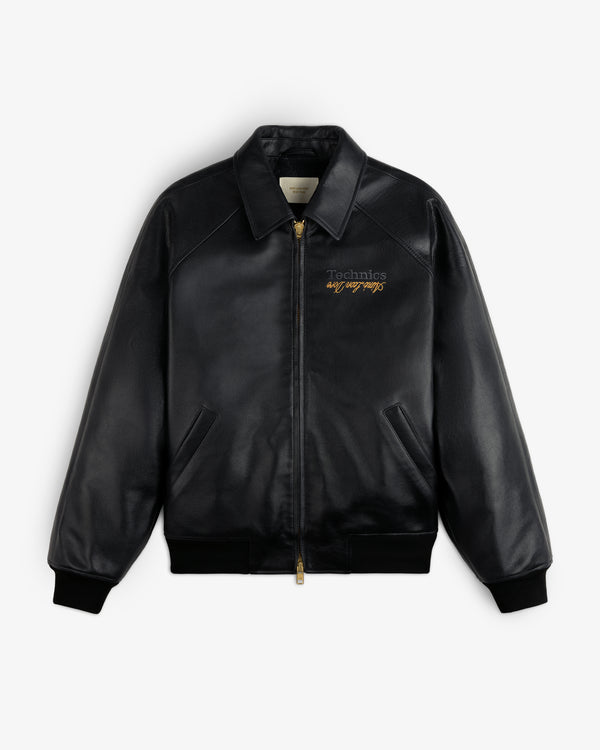 ALD / Technics Varsity Leather Jacket: black leather, front zipper, side pockets, gold Technics SL-1200 chest embroidery.