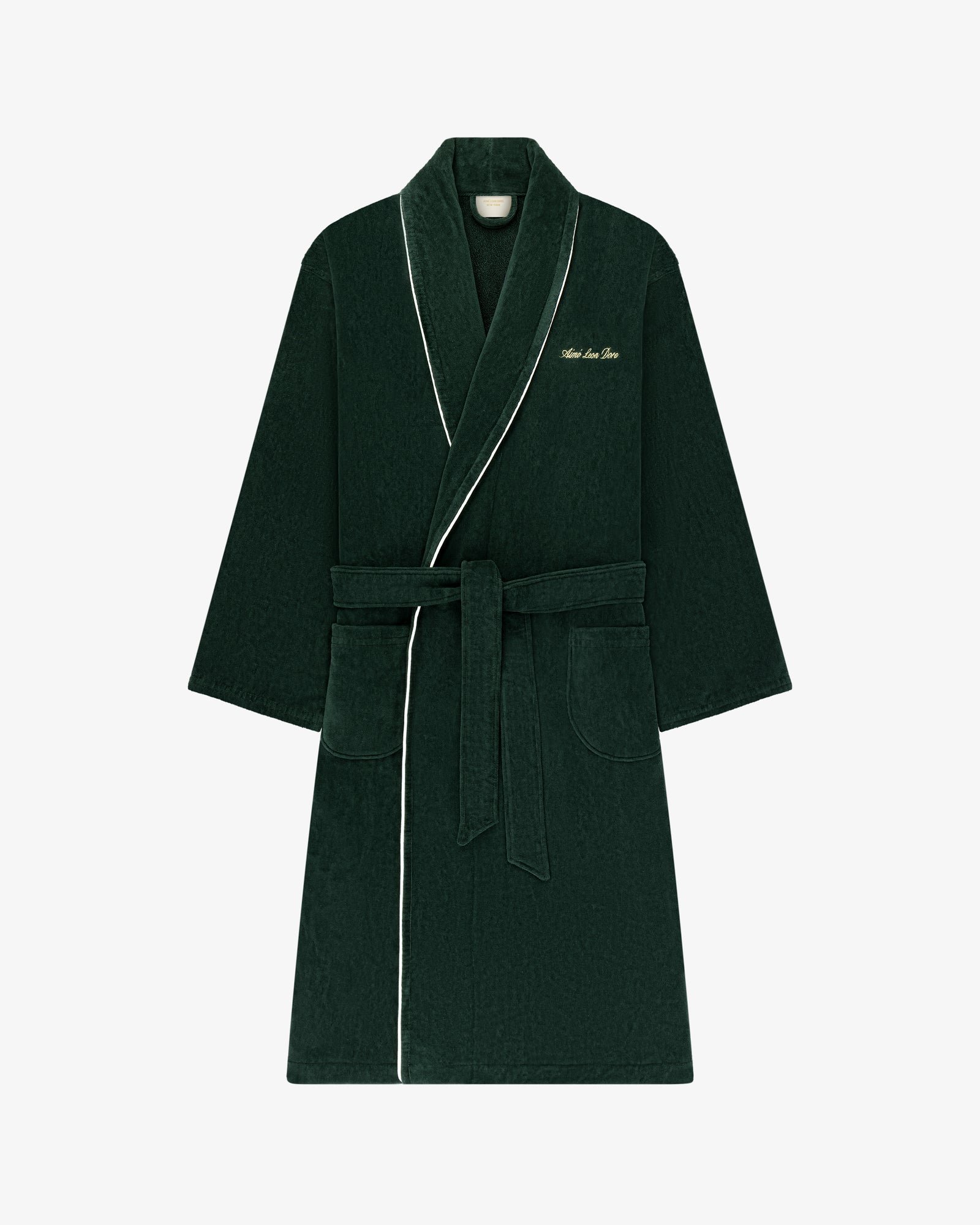 Mulberry Robe: dark green with white piping, waist belt, front pockets, and embroidered text on the left chest.