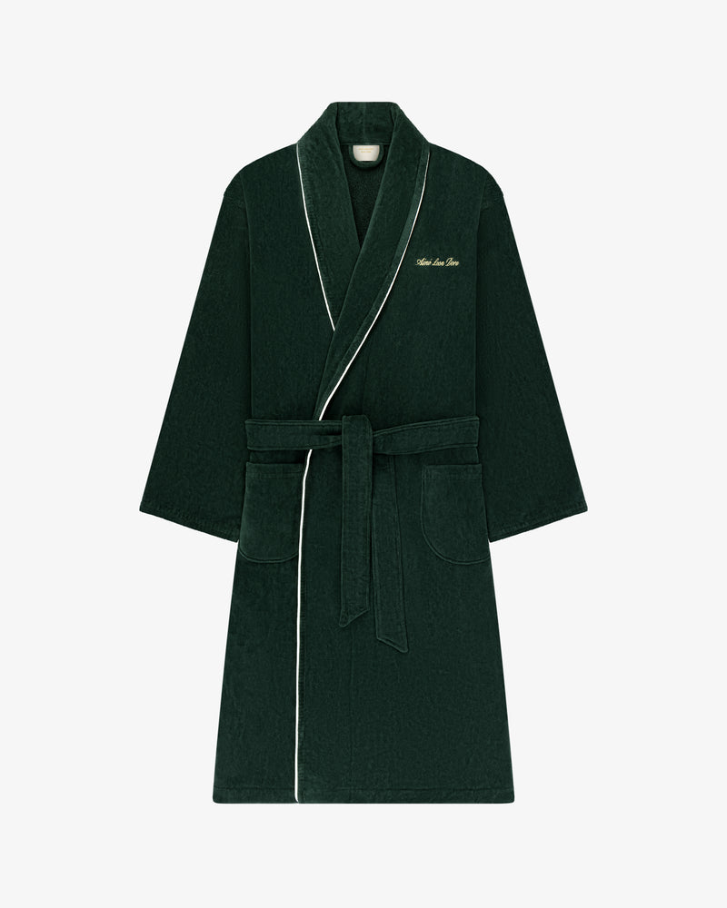 Mulberry Robe: dark green with white piping, waist belt, front pockets, and embroidered text on the left chest.