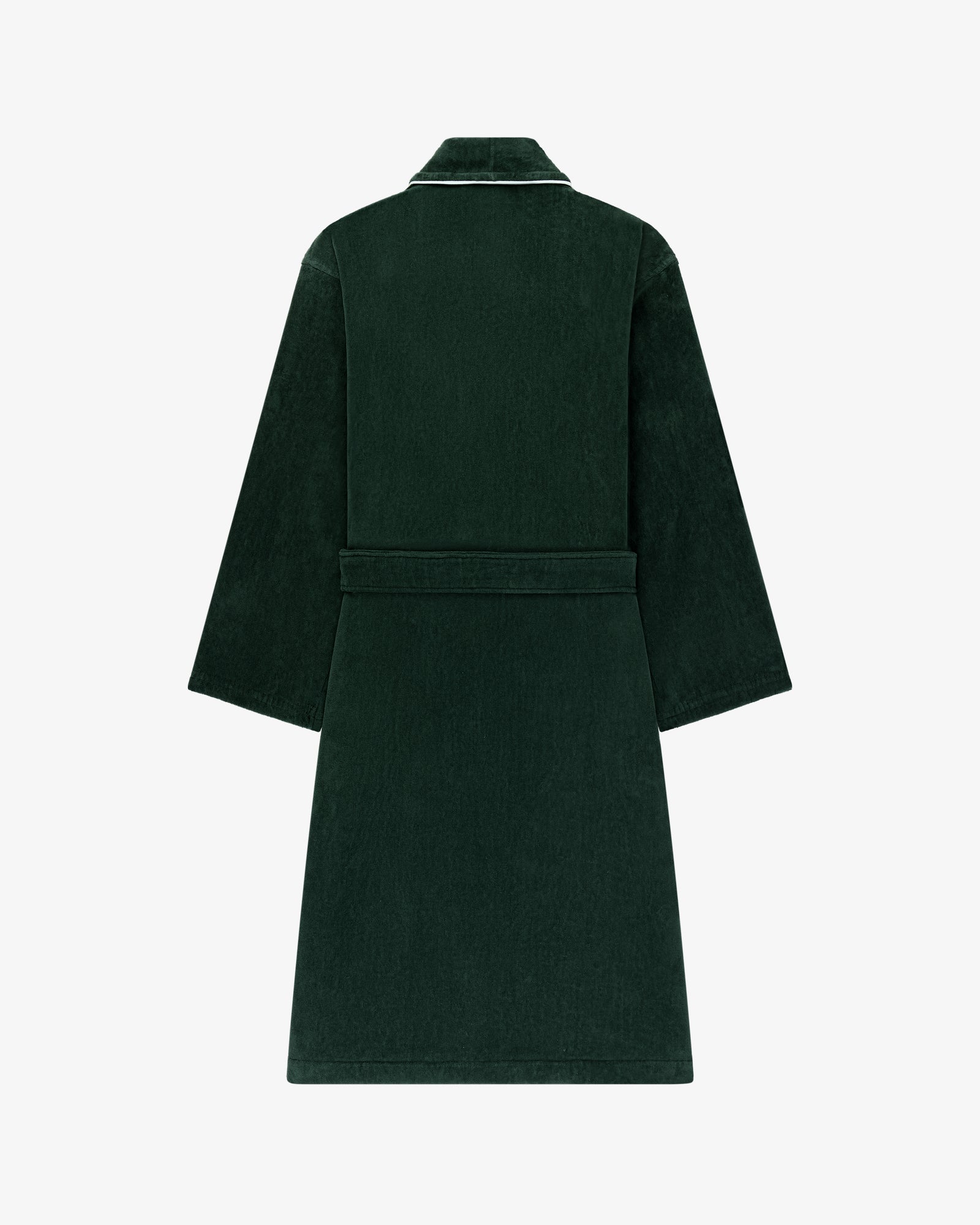 Mulberry Robe in dark green with belt and white collar piping, shown from the back on a white background.