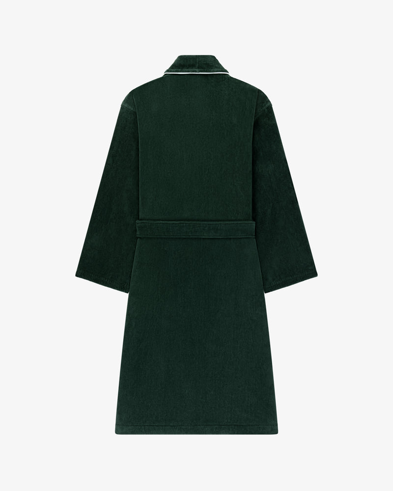 Mulberry Robe in dark green with belt and white collar piping, shown from the back on a white background.