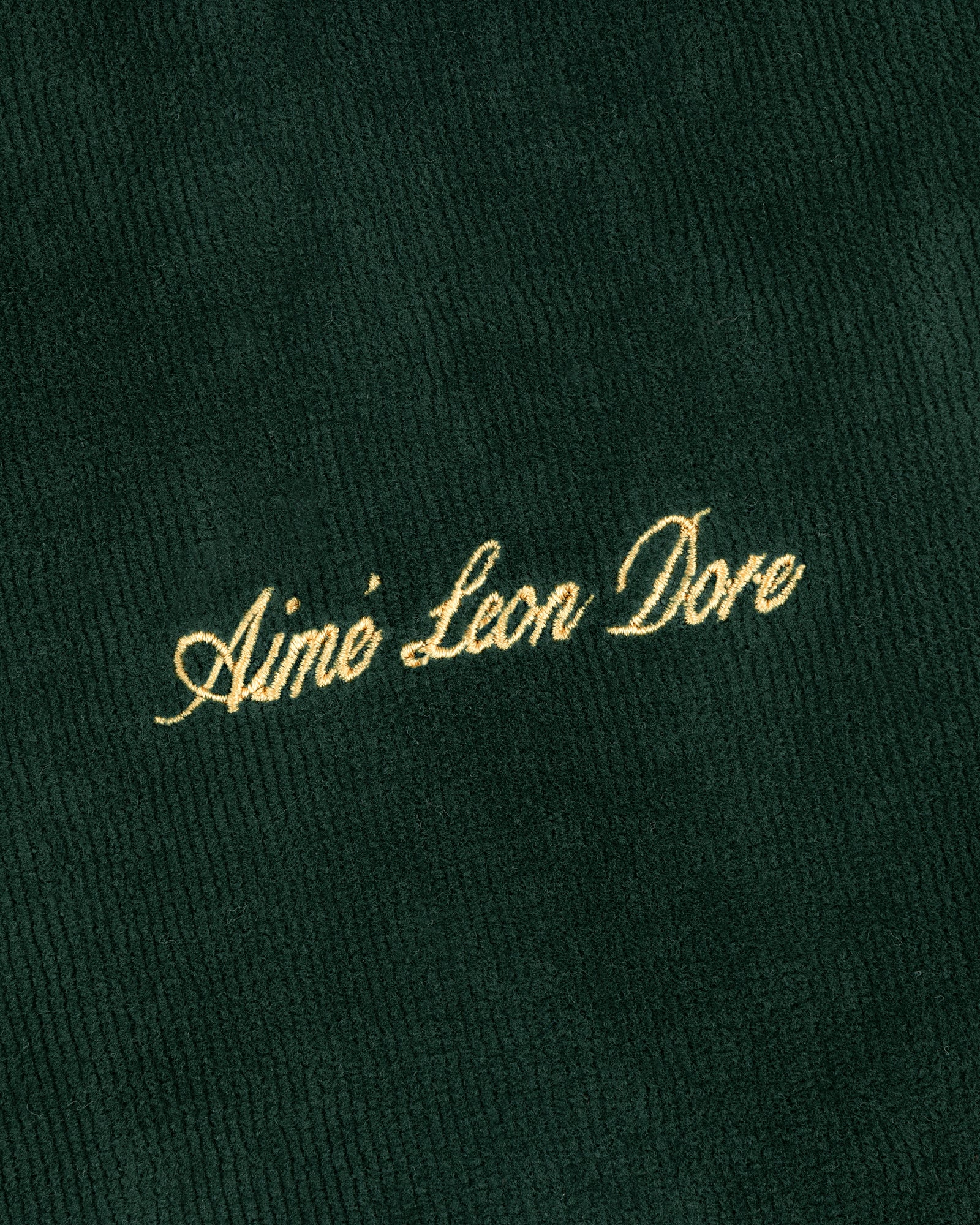 Gold Aimé Leon Dore script embroidered on dark green corduroy Mulberry Robe.