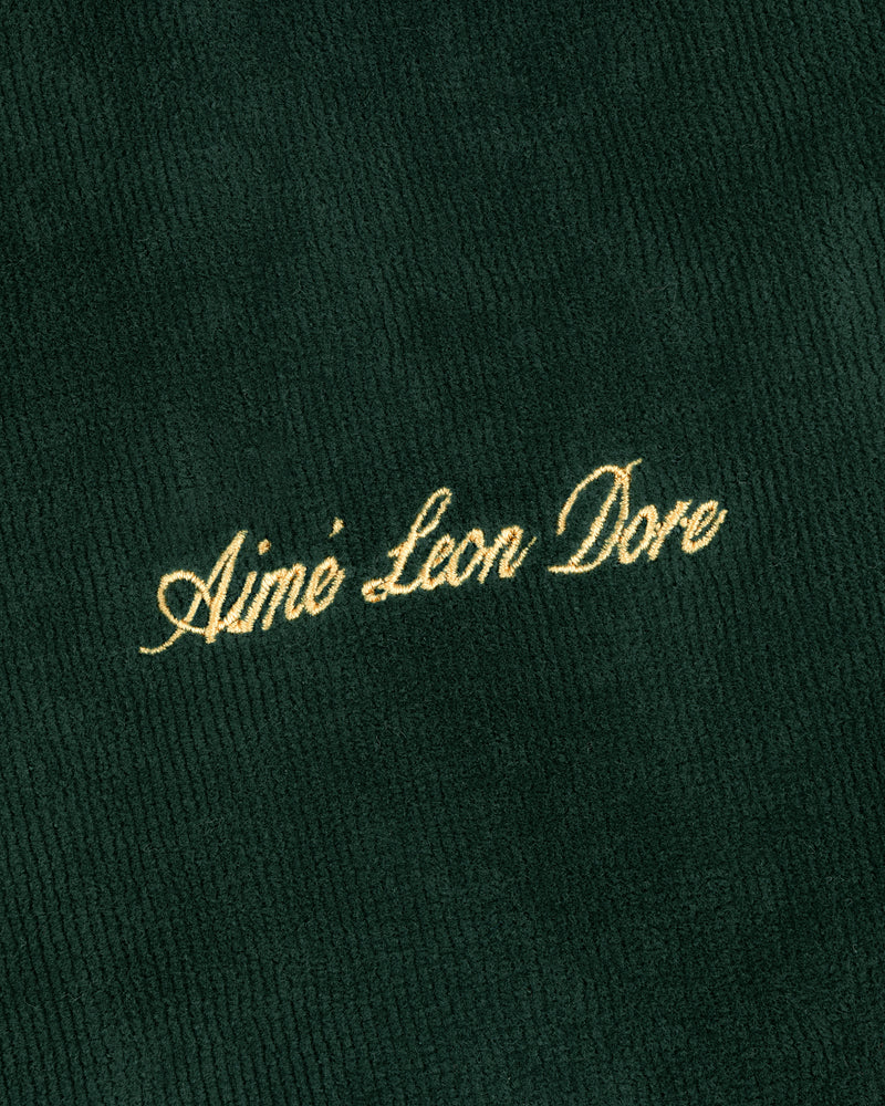 Gold Aimé Leon Dore script embroidered on dark green corduroy Mulberry Robe.