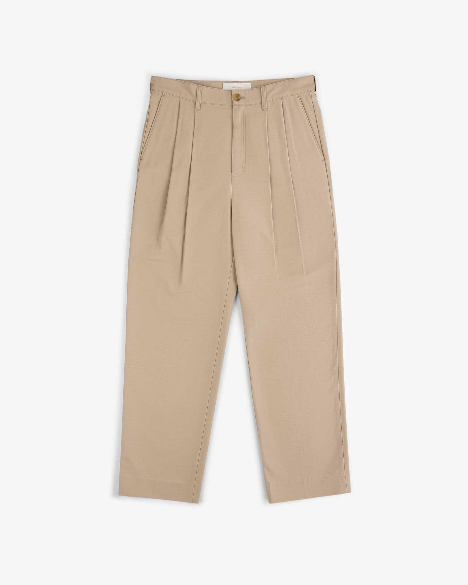 Double Pleated Pant in beige with button and zip closure, two side pockets, and straight legs on white background.
