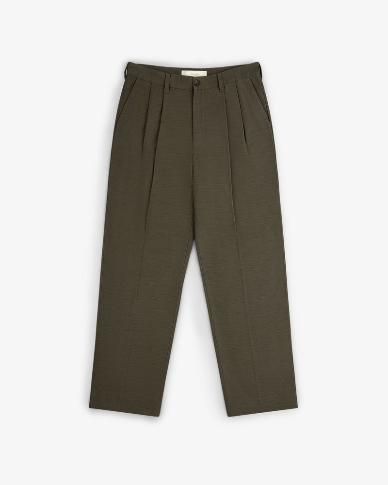 Double Pleated Pant in olive green with button closure, belt loops, and straight legs on a white background.
