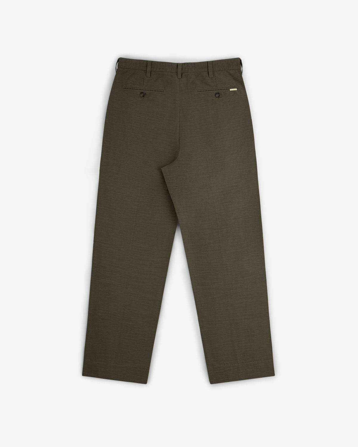 Double Pleated Pant in olive green shown from the back, with two buttoned back pockets and belt loops.