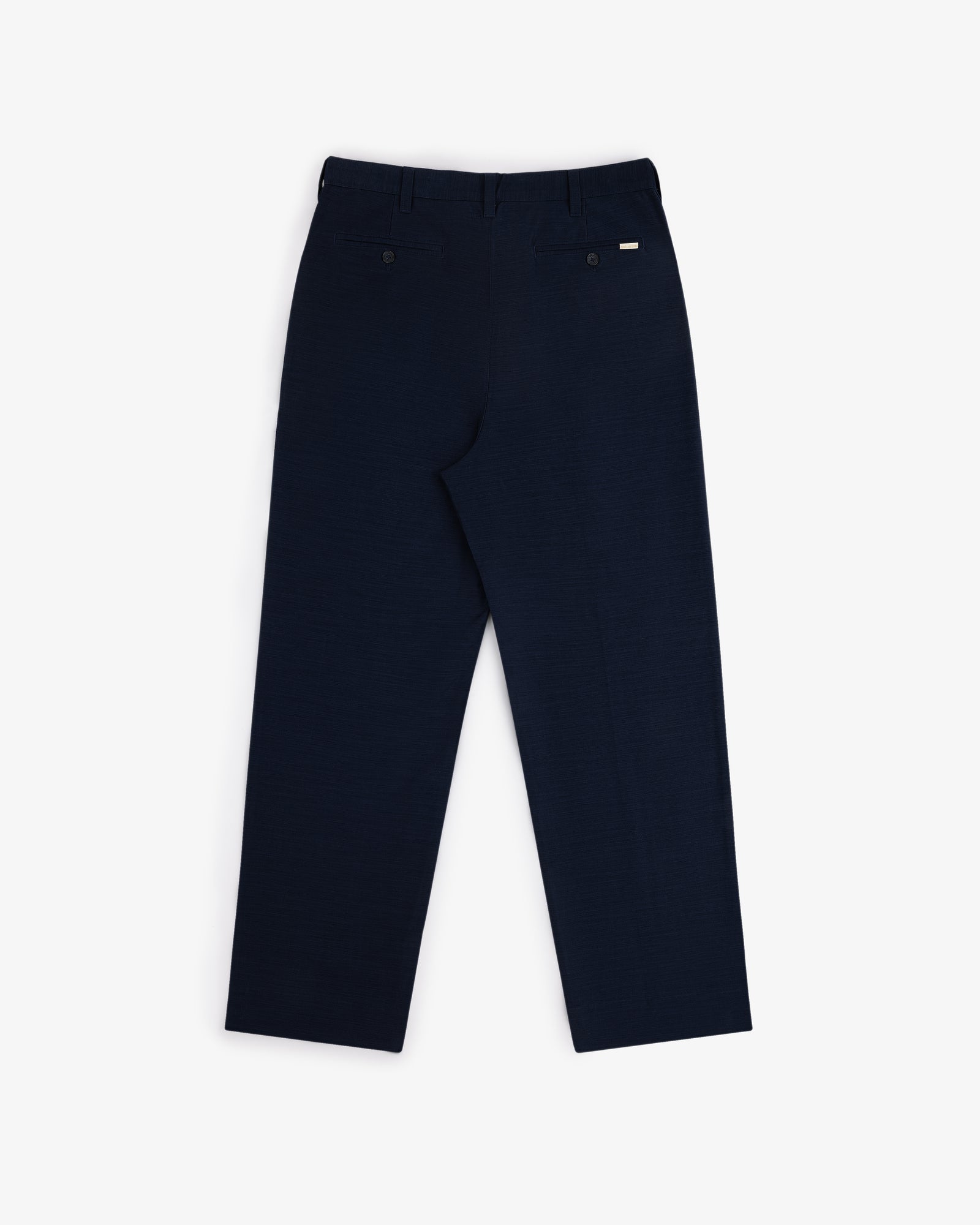 Double Pleated Pant in navy blue, shown from the back with two back pockets and a straight-leg fit.