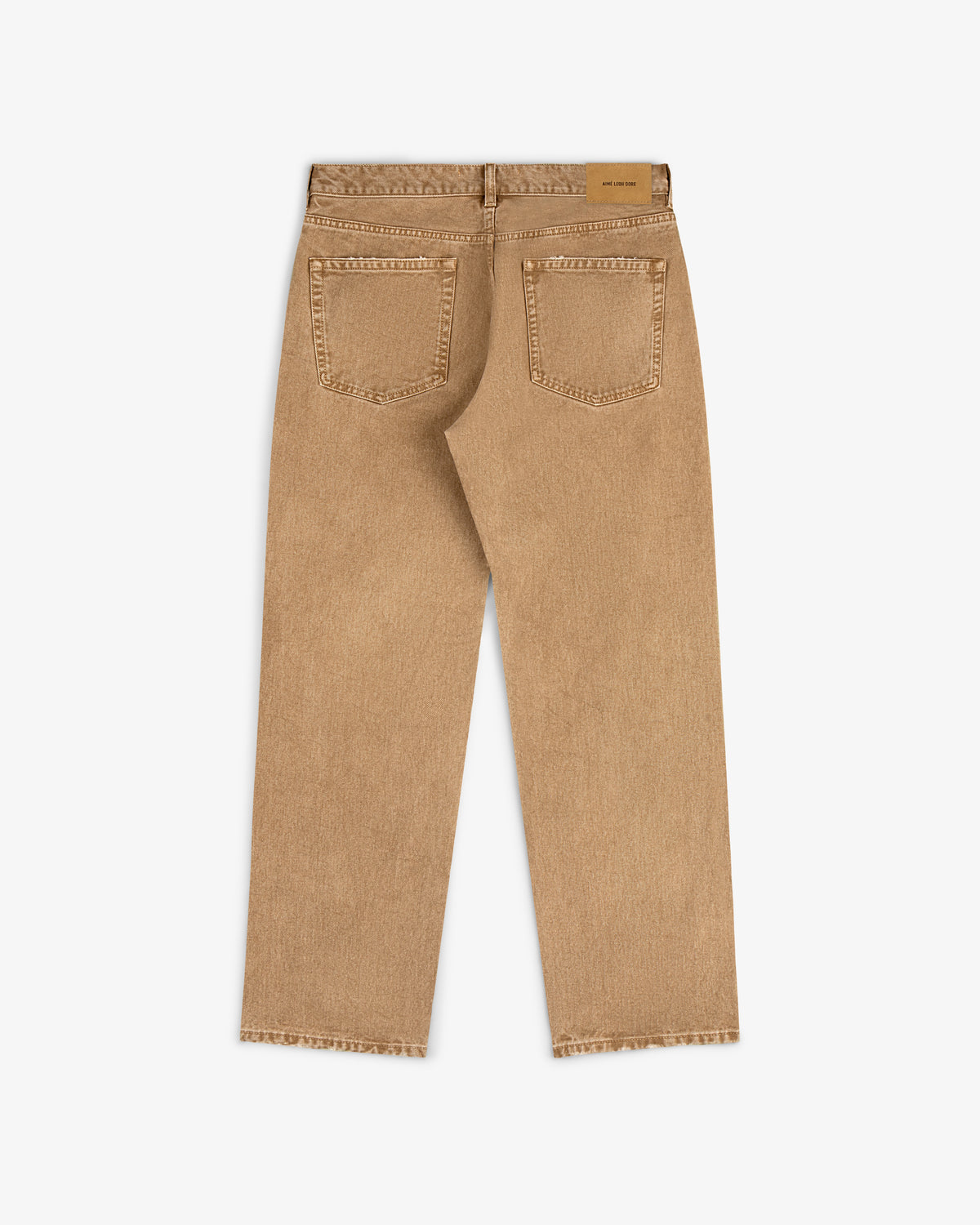 Back view of Relaxed Fit 5-Pocket Denim Pant in tan with frayed hems, laid flat on a white background.