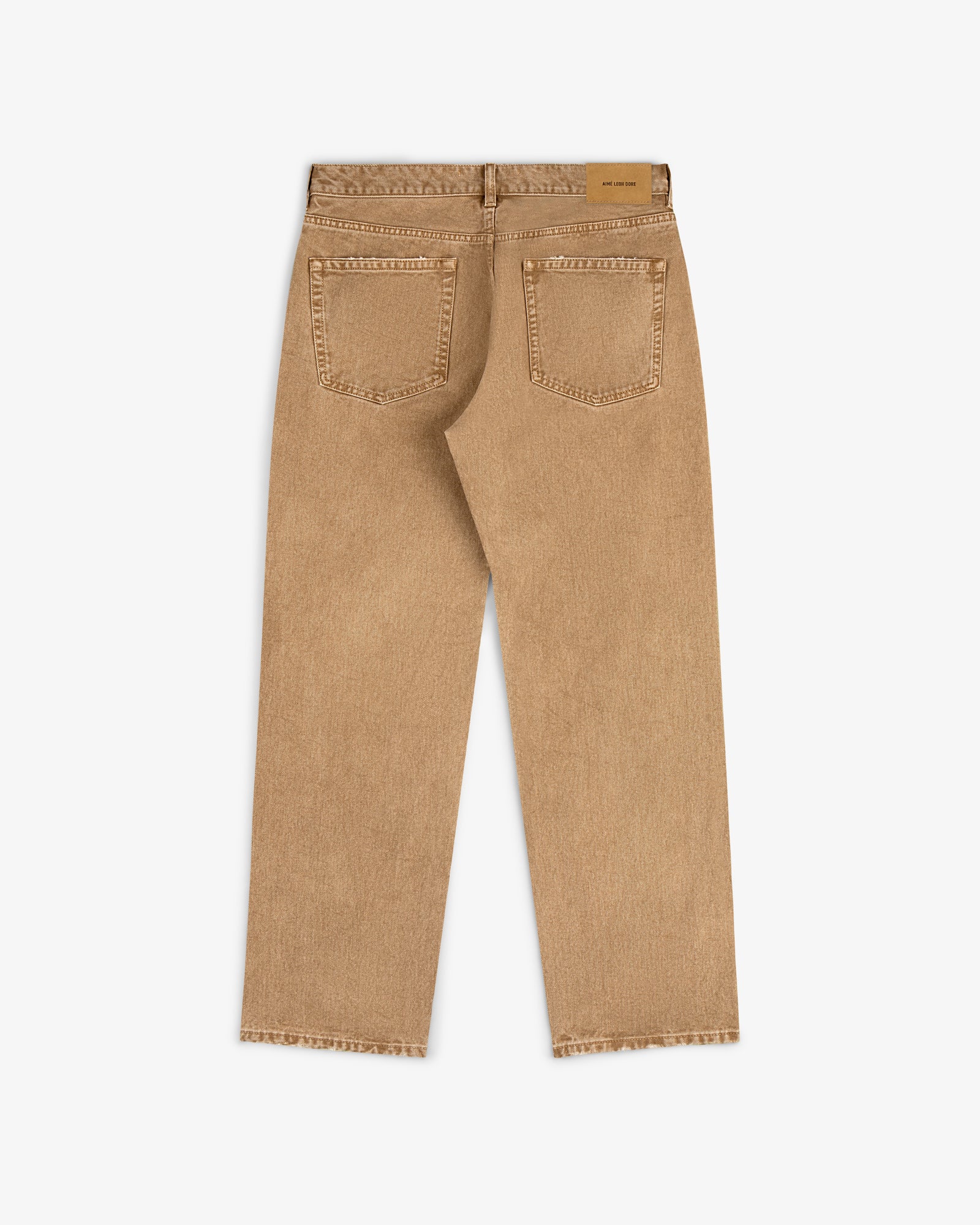 Back view of Relaxed Fit 5-Pocket Denim Pant in tan with frayed hems, laid flat on a white background.