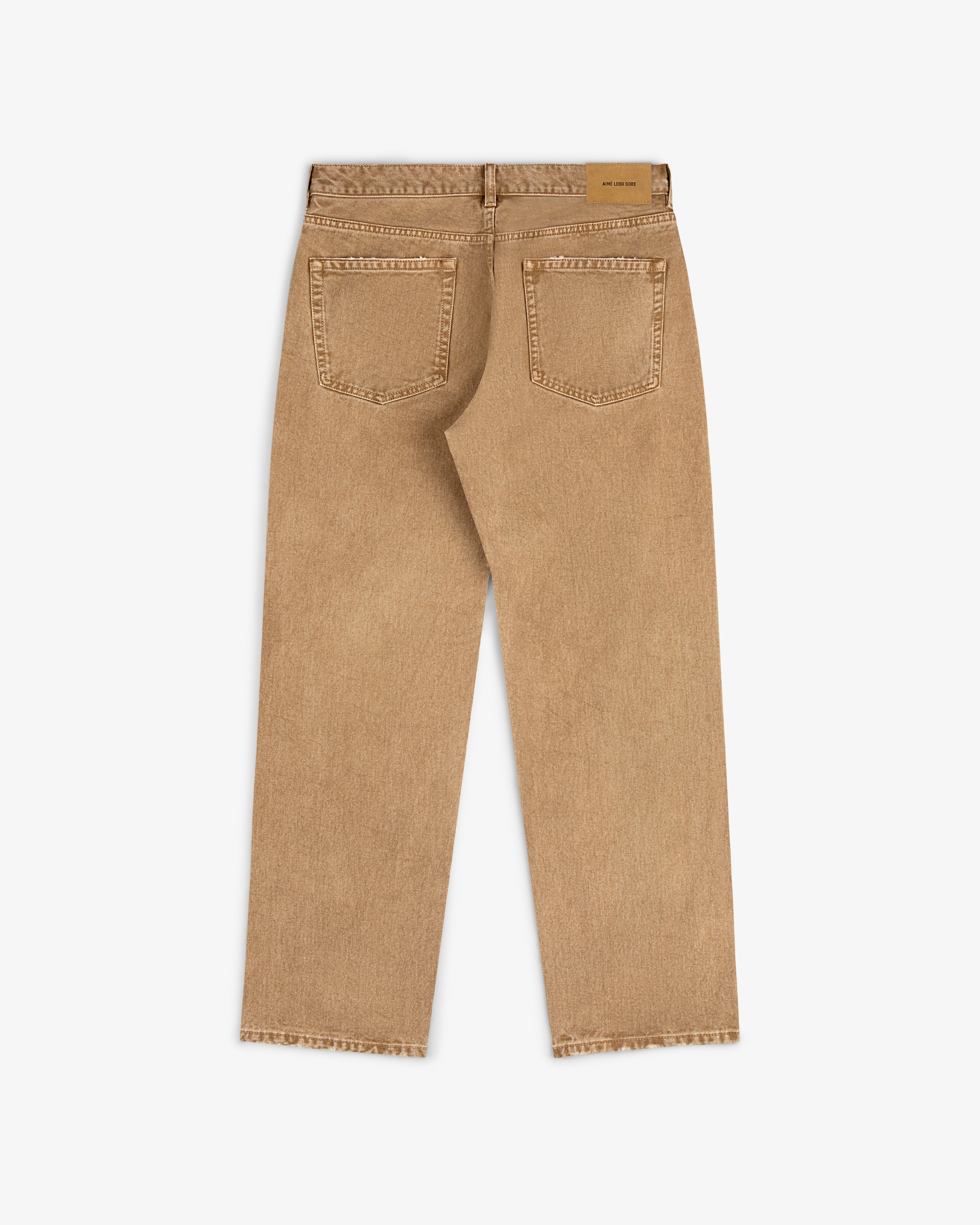 Back view of Relaxed Fit 5-Pocket Denim Pant in tan with frayed hems, laid flat on a white background.