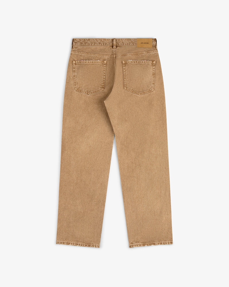 Back view of Relaxed Fit 5-Pocket Denim Pant in tan with frayed hems, laid flat on a white background.