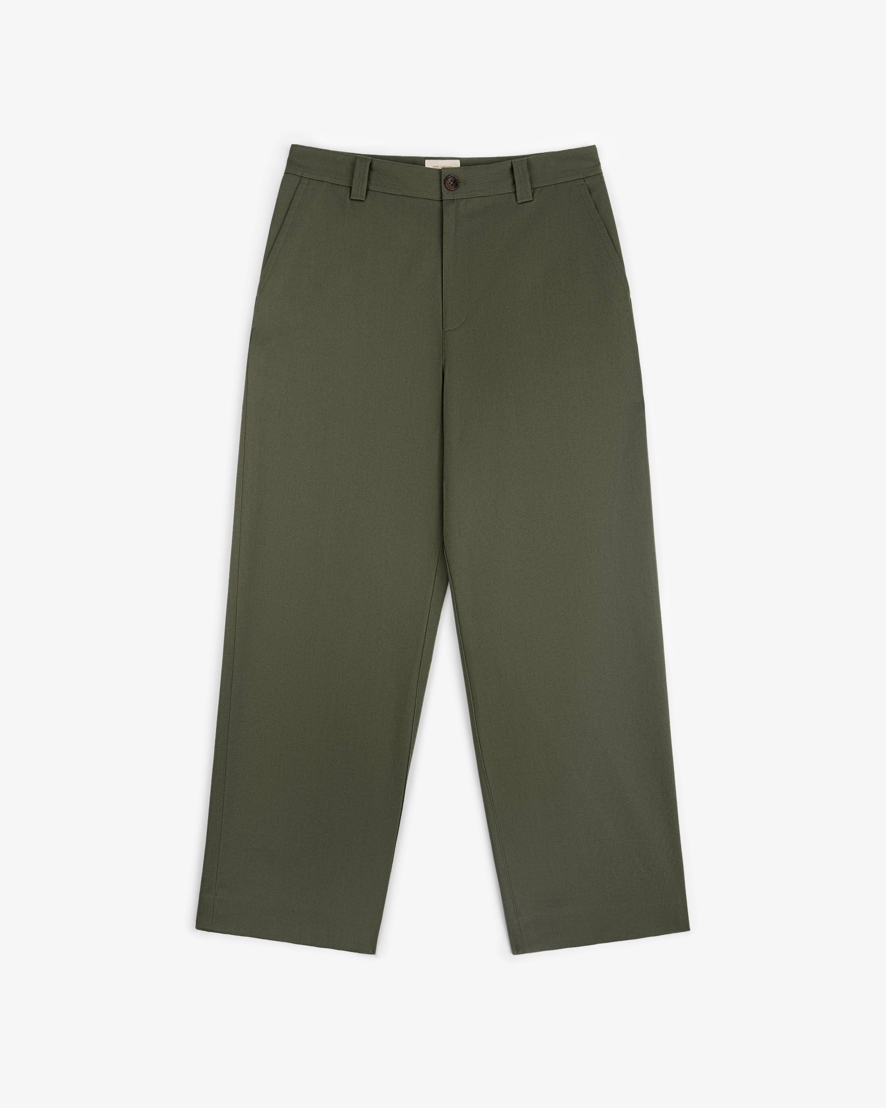Olive green Officer Pant with wide legs, button and zip closure, front pockets, and belt loops on white background.