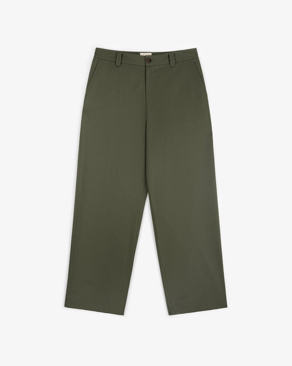 Olive green Officer Pant with wide legs, button and zip closure, front pockets, and belt loops on white background.