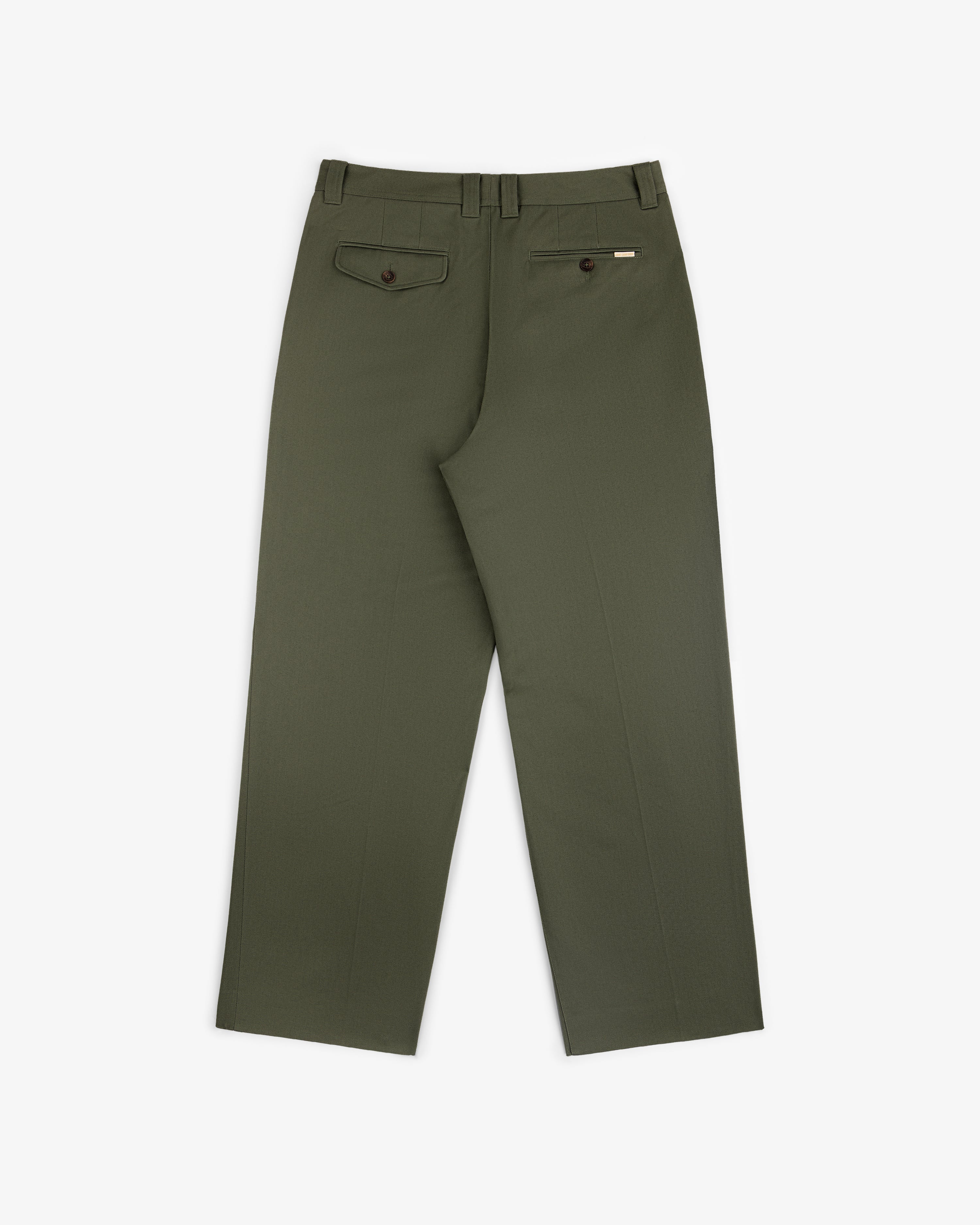 Back view of Officer Pant in olive green, straight leg with two back pockets, laid flat on white background.