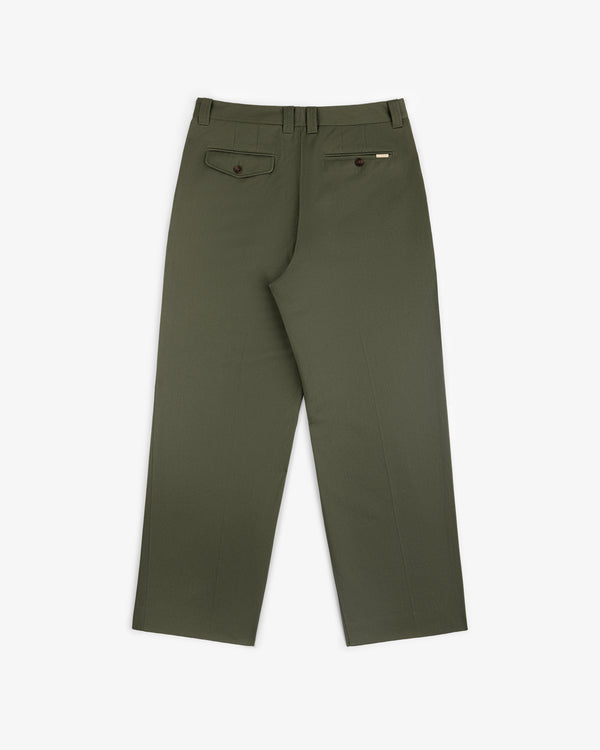 Back view of Officer Pant in olive green, straight leg with two back pockets, laid flat on white background.