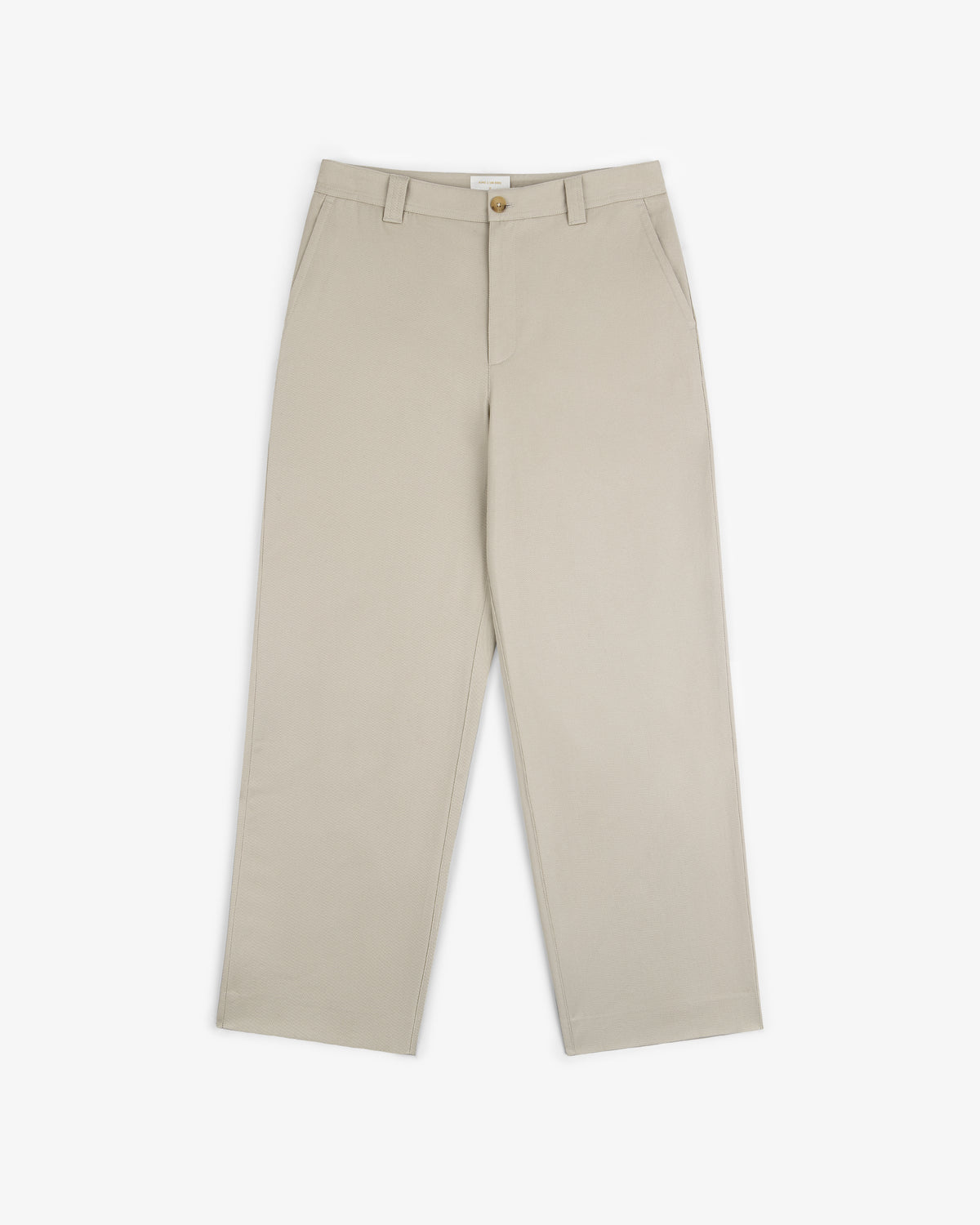 Officer Pant in beige with straight legs, side pockets, button closure, and belt loops on a white background.