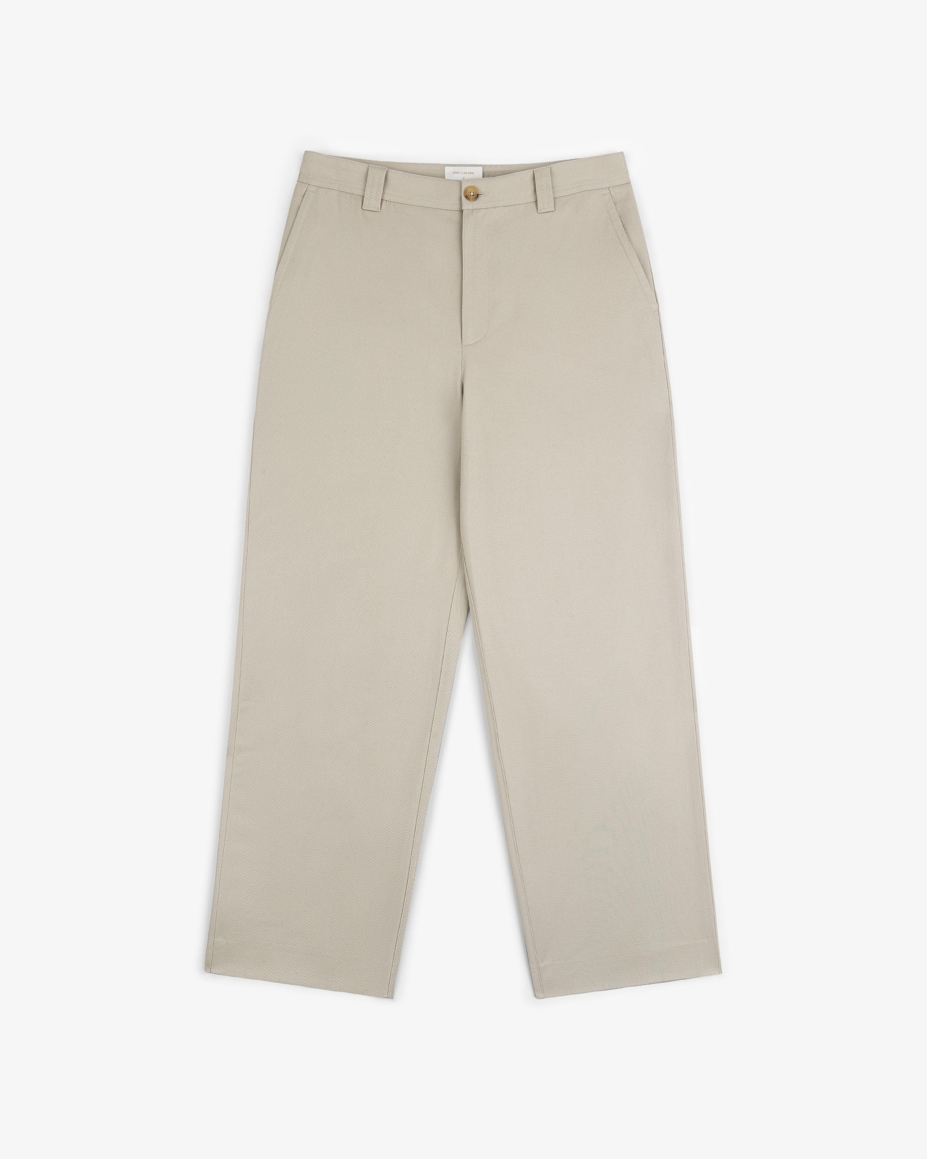 Officer Pant in beige with straight legs, side pockets, button closure, and belt loops on a white background.