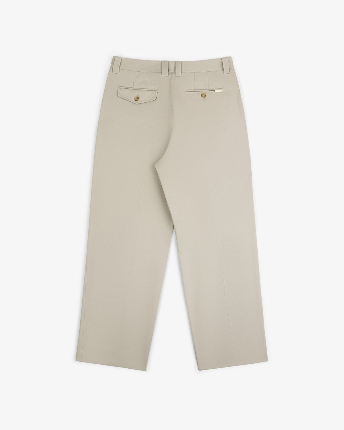 Officer Pant in beige with back welt pockets and belt loops, laid flat on a white background, back view shown.