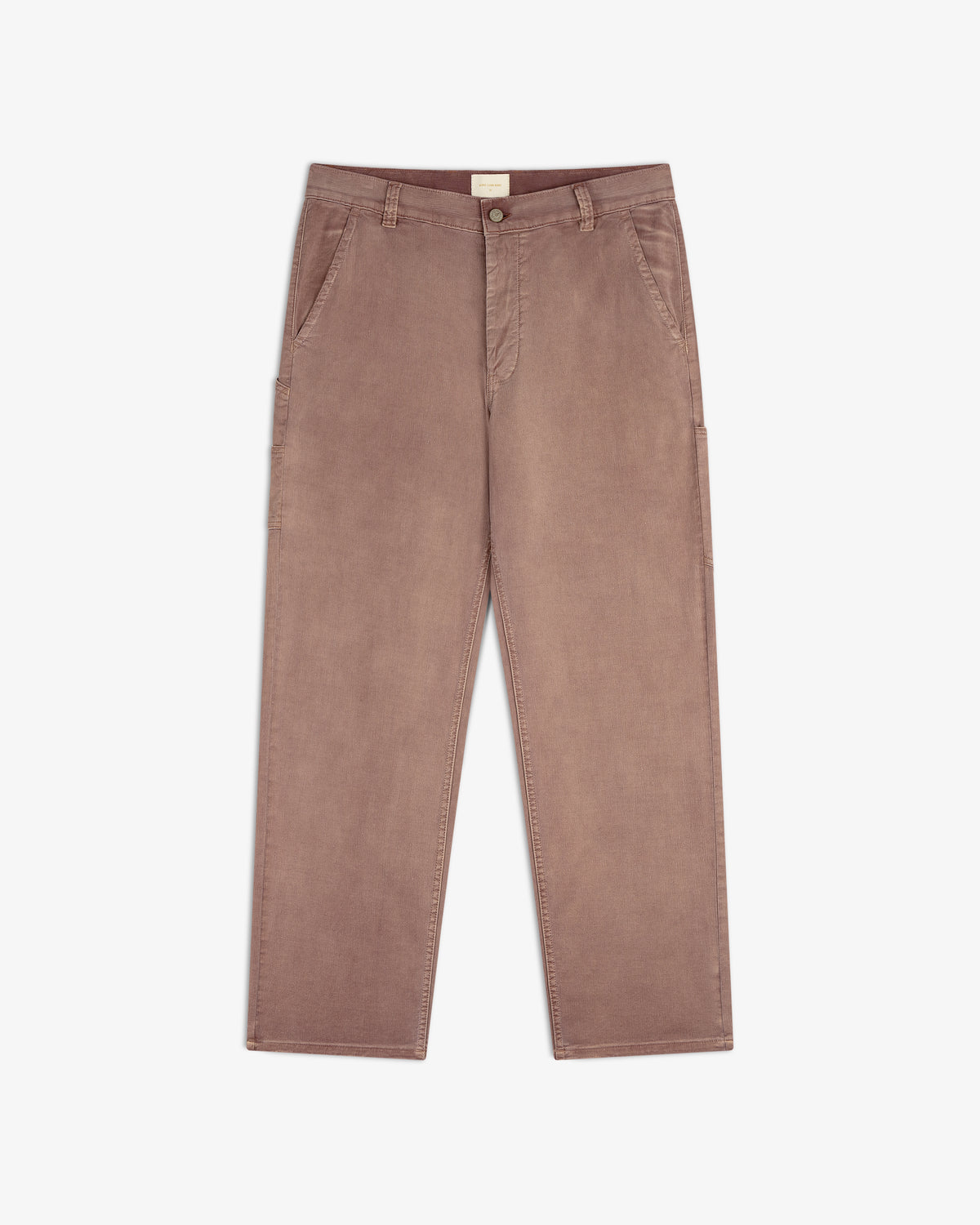 Linen Blend Carpenter Pant in mauve, straight-leg with side and back pockets, laid flat on white background.