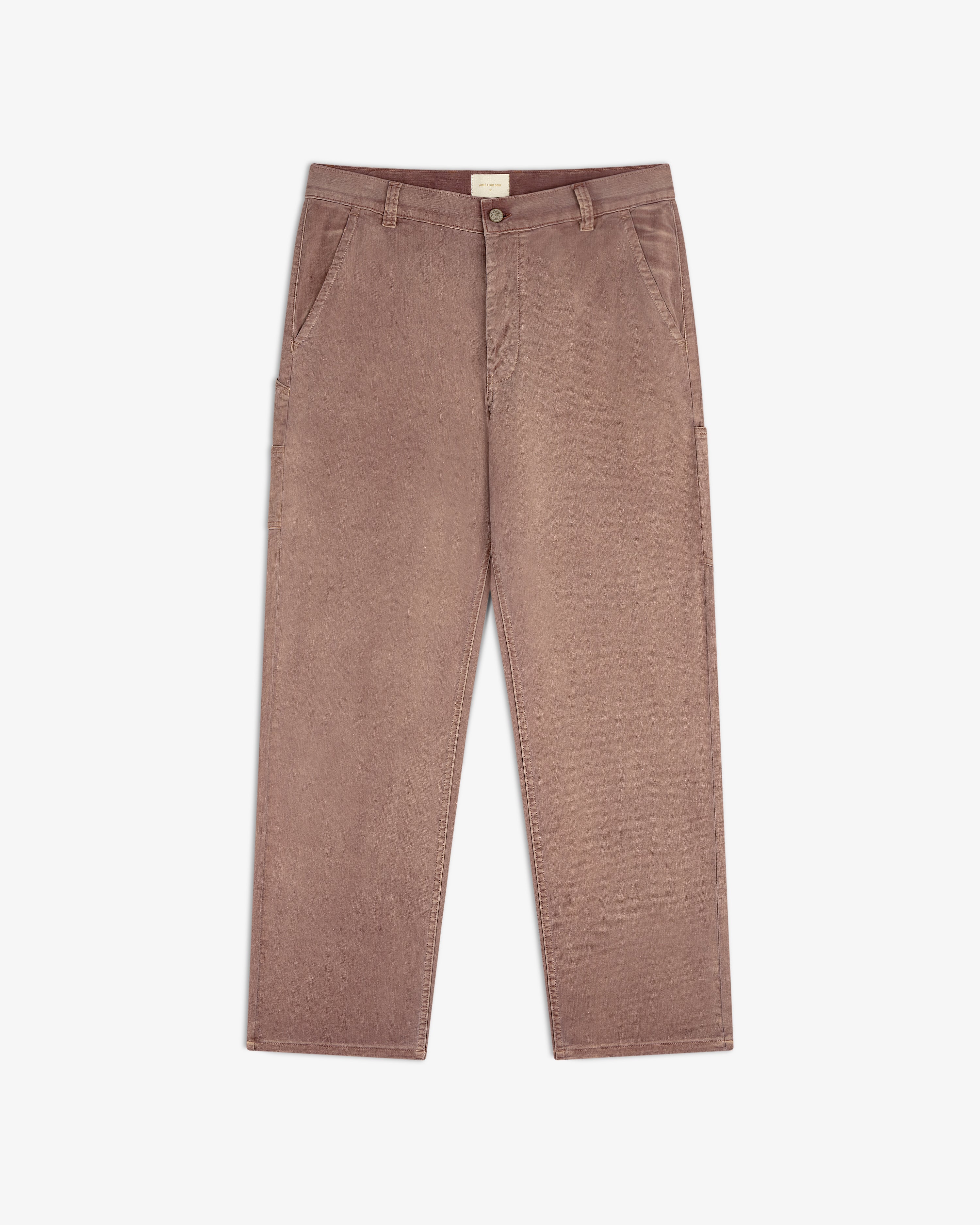 Linen Blend Carpenter Pant in mauve, straight-leg with side and back pockets, laid flat on white background.