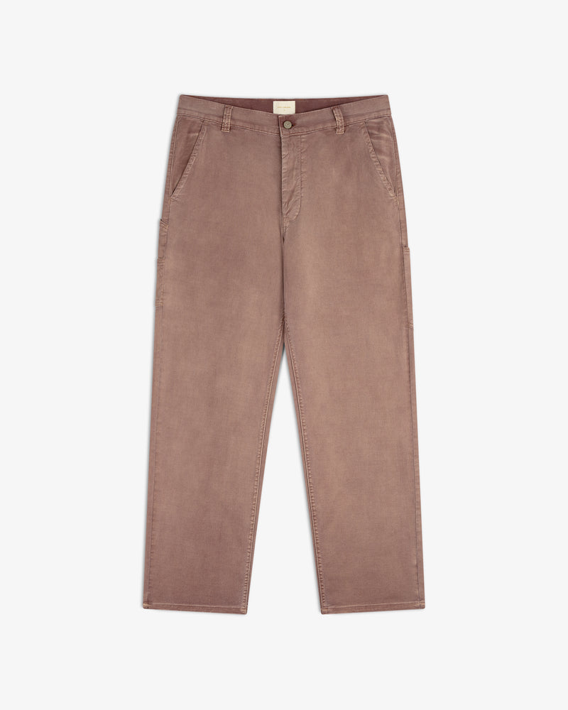 Linen Blend Carpenter Pant in mauve, straight-leg with side and back pockets, laid flat on white background.