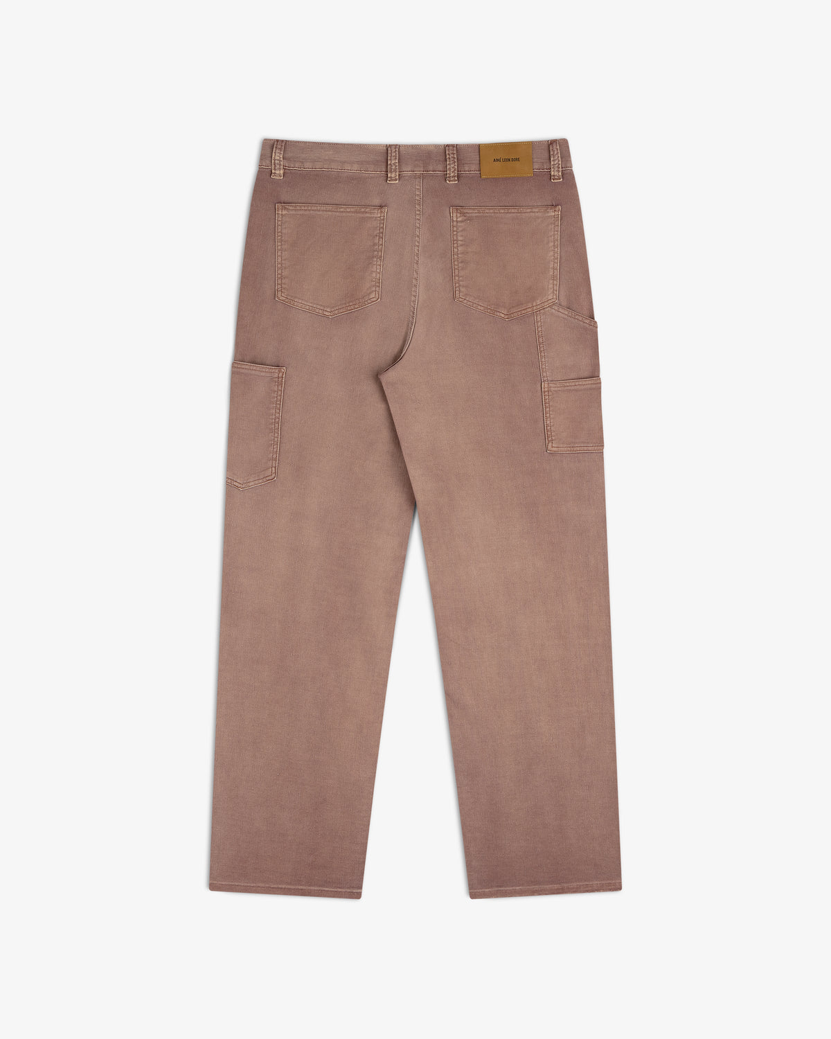 Back view of Linen Blend Carpenter Pant in mauve with patch pockets and a tan leather label on the waistband.