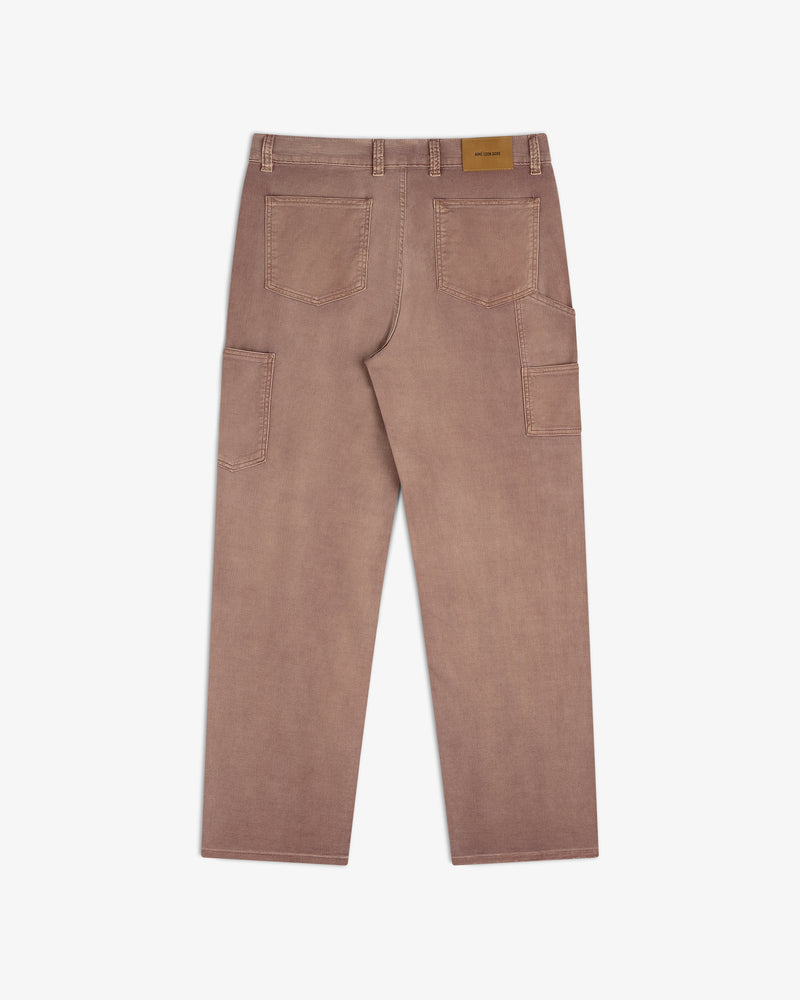 Back view of Linen Blend Carpenter Pant in mauve with patch pockets and a tan leather label on the waistband.