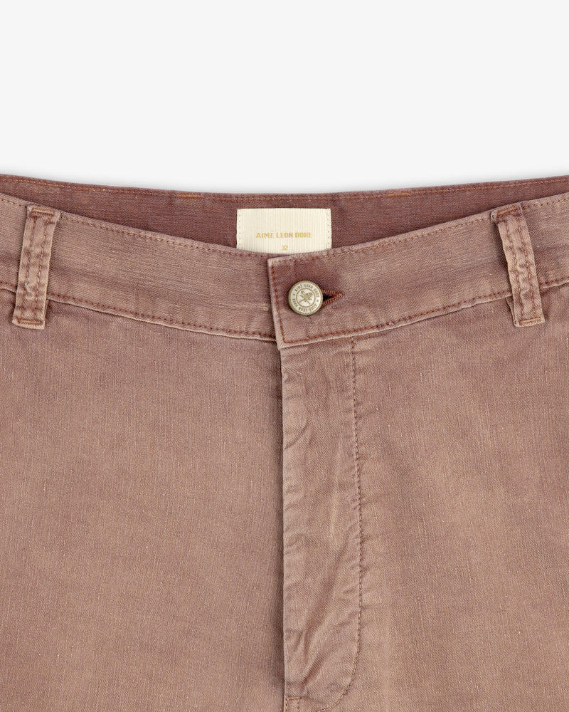 Close-up of Linen Blend Carpenter Pant waistband, featuring button closure, belt loops, and visible brand tag.