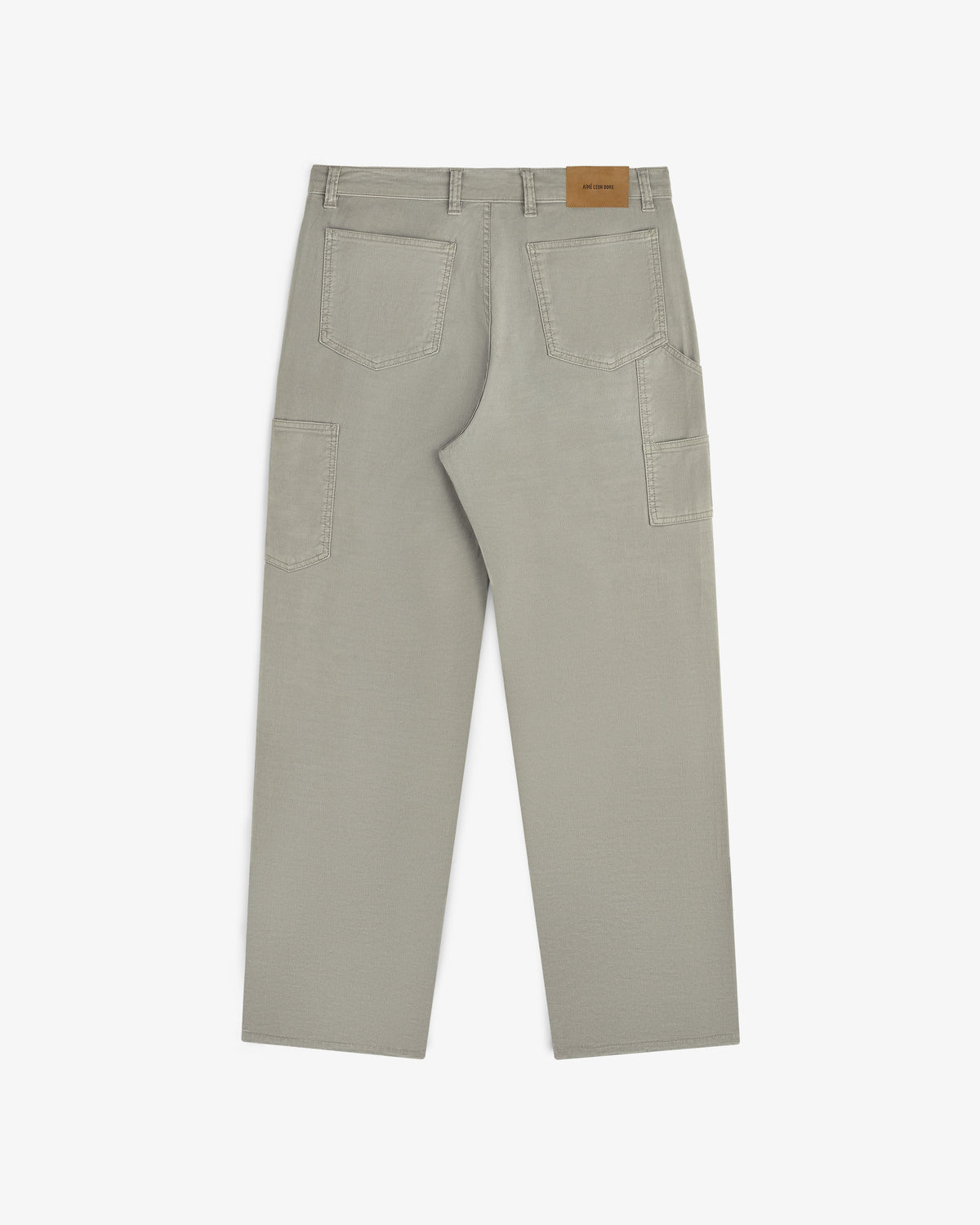 Linen Blend Carpenter Pant in light gray, featuring back patch pockets and a brown leather logo patch on the waistband.