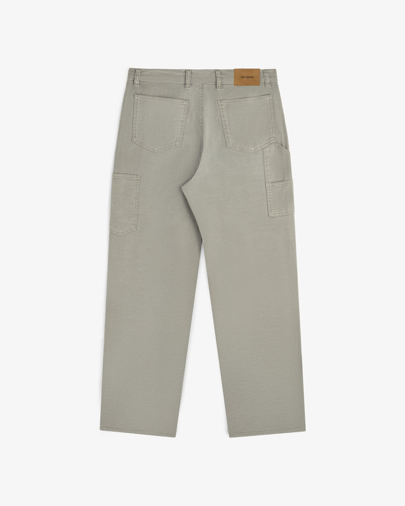 Linen Blend Carpenter Pant in light gray, featuring back patch pockets and a brown leather logo patch on the waistband.