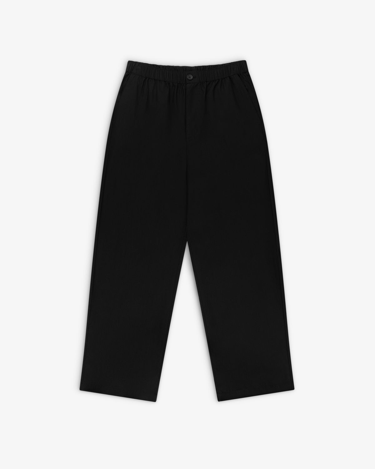 Relaxed Cotton Trouser in black with a straight leg and elastic waistband, shown on a white background.