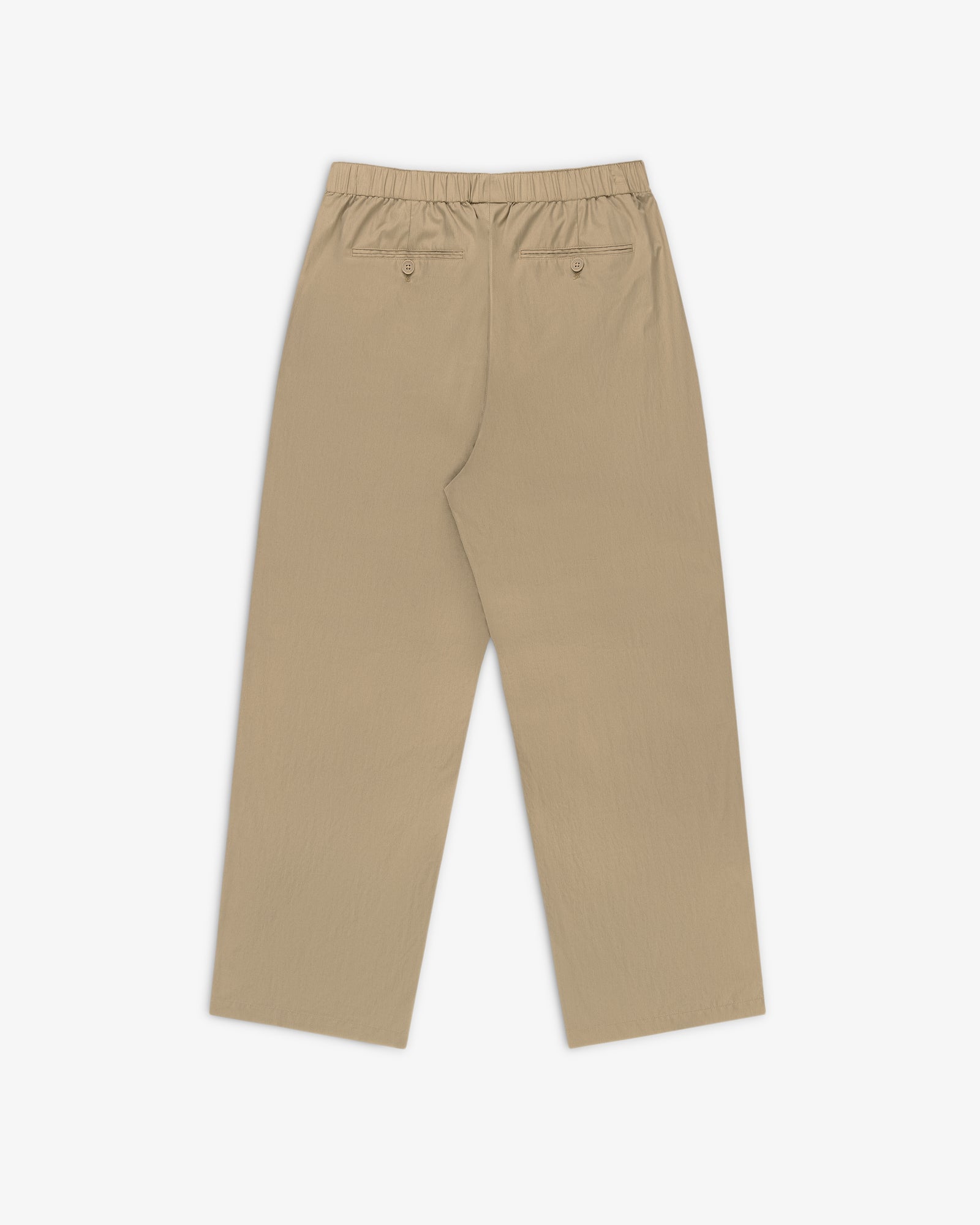 Relaxed Cotton Trouser in beige with straight legs, elastic waistband, and two back pockets on a white background.