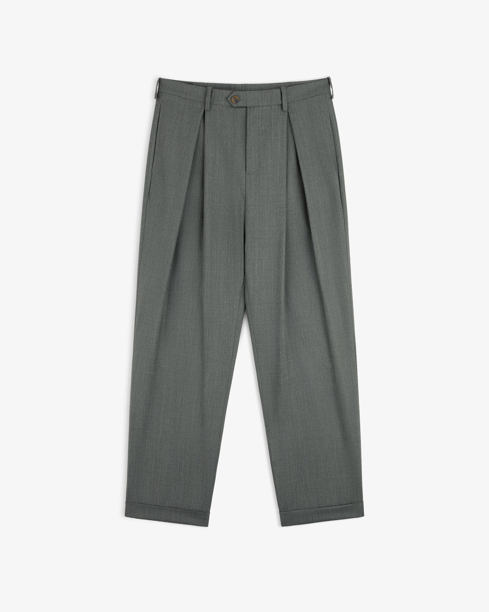 Lightweight Cuffed Trouser in gray, featuring pleats and button closure, displayed flat on a white background.
