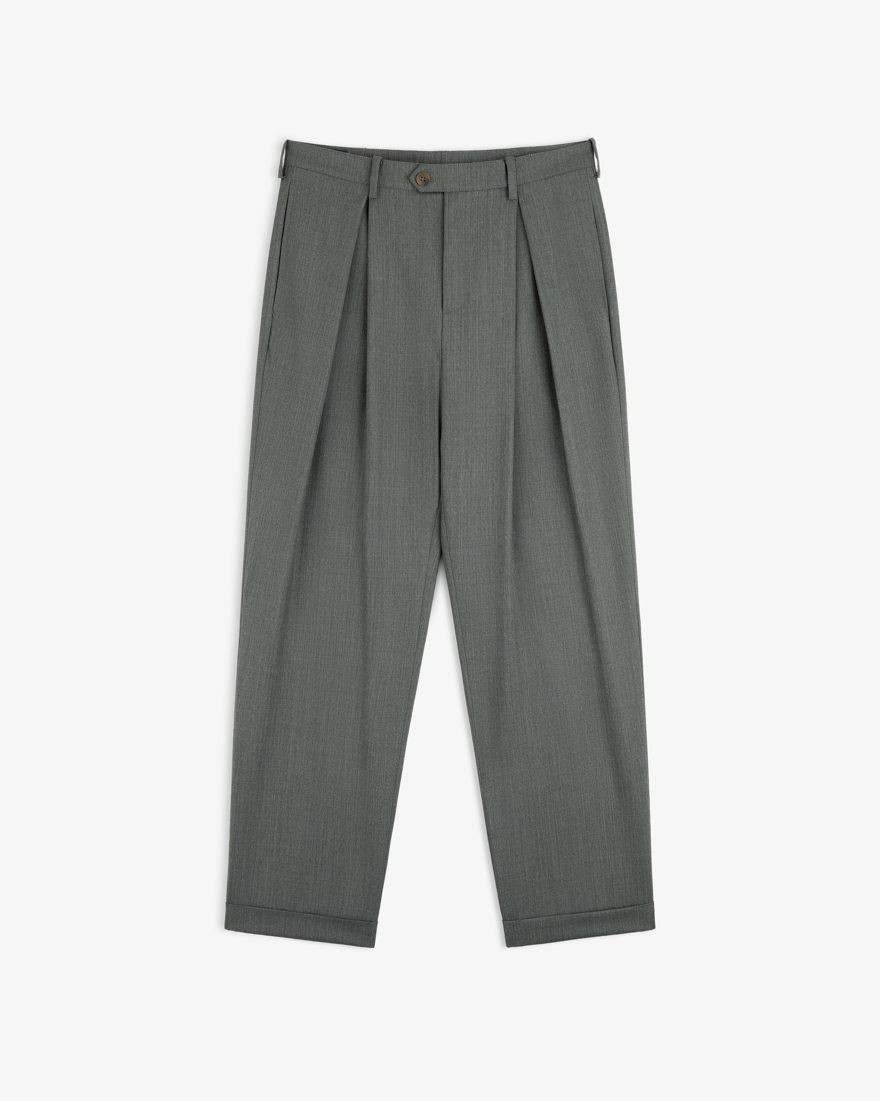 Lightweight Cuffed Trouser in gray, featuring pleats and button closure, displayed flat on a white background.