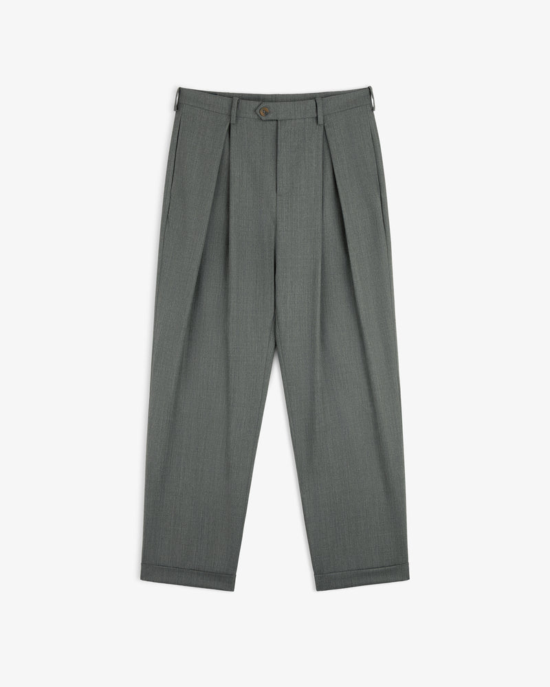 Lightweight Cuffed Trouser in gray, featuring pleats and button closure, displayed flat on a white background.