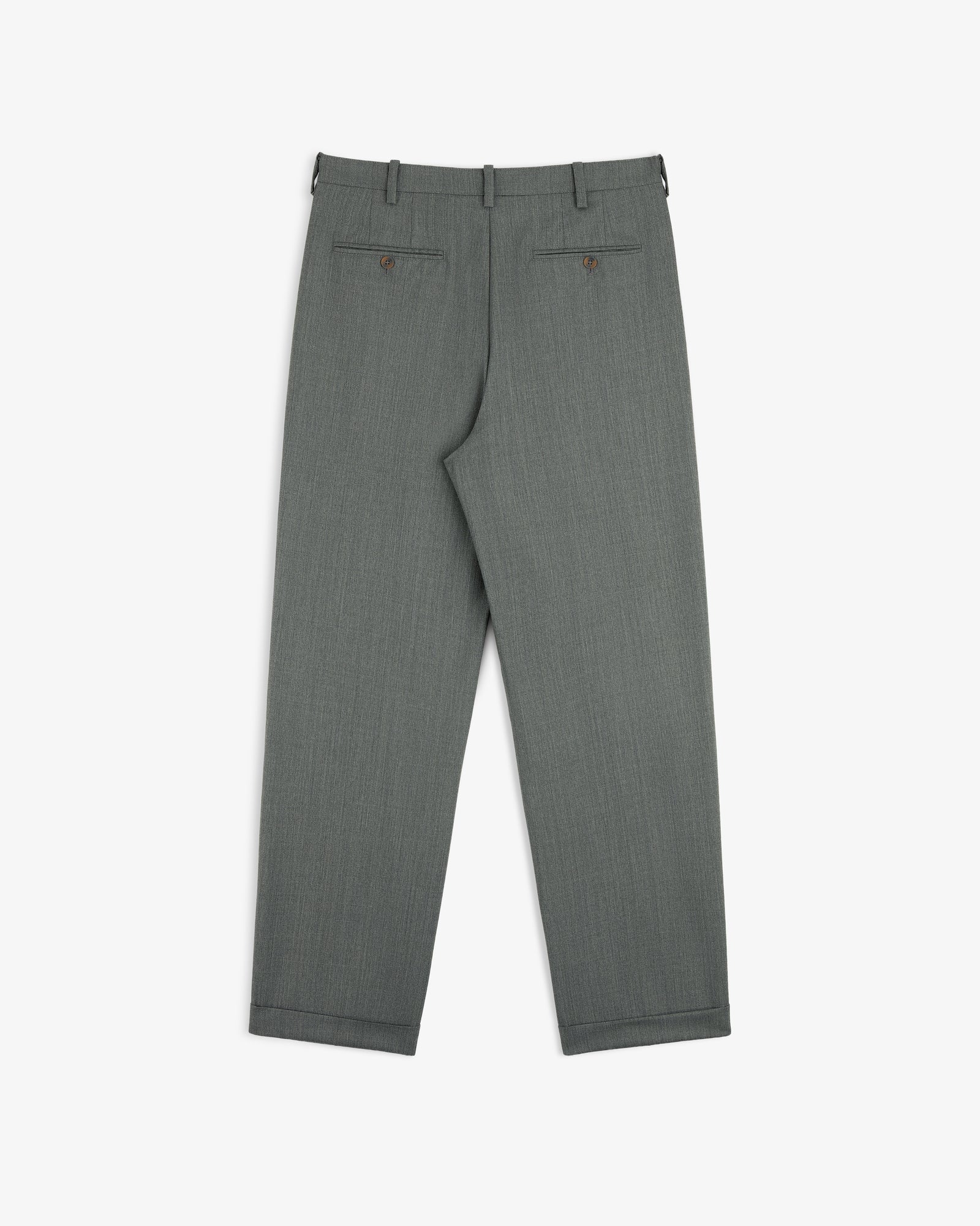 Lightweight Cuffed Trouser laid flat, back view, with belt loops and two back pockets featuring button closures.