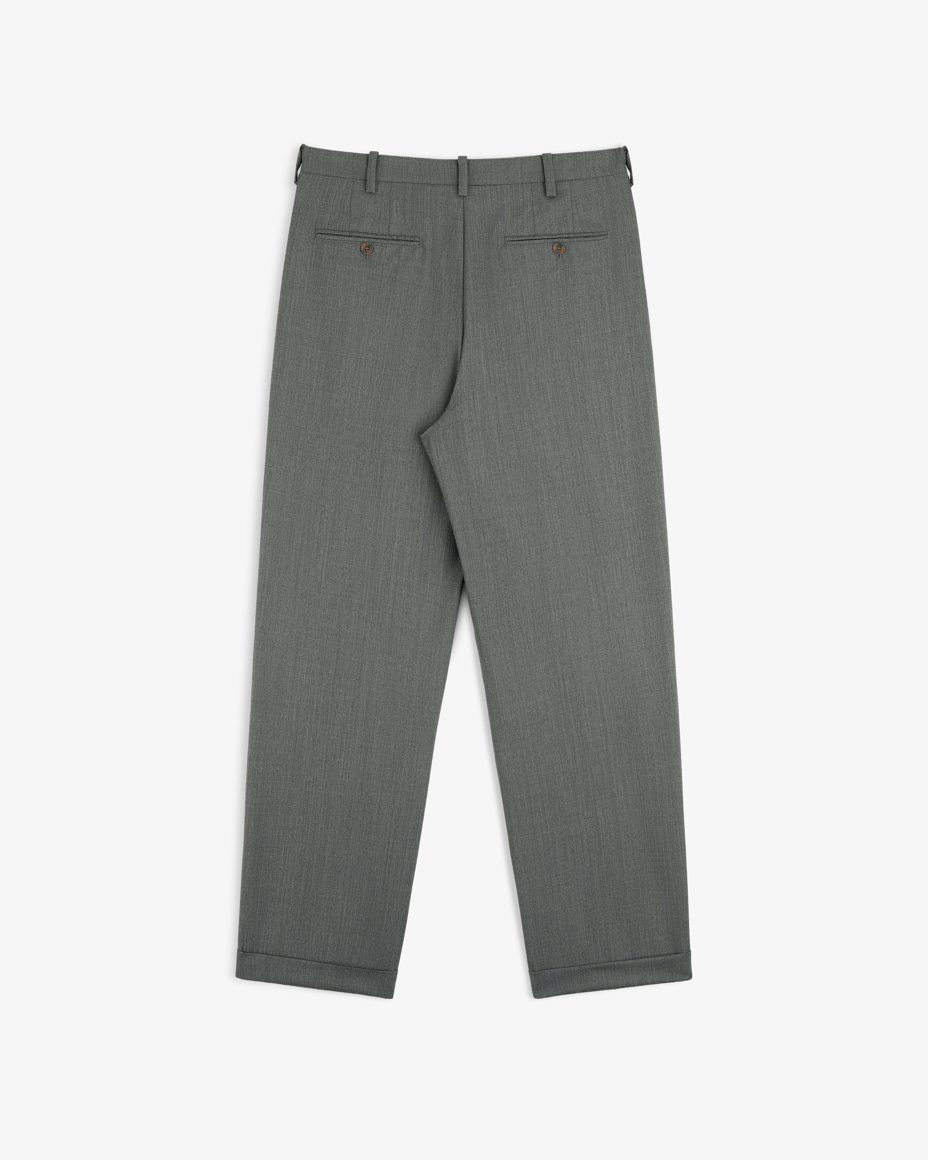 Lightweight Cuffed Trouser laid flat, back view, with belt loops and two back pockets featuring button closures.