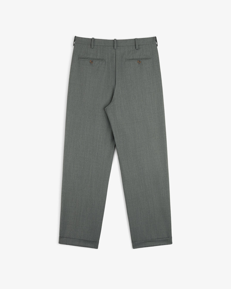 Lightweight Cuffed Trouser laid flat, back view, with belt loops and two back pockets featuring button closures.