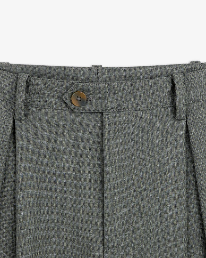 Close-up of the waistband and button on the Lightweight Cuffed Trouser with belt loops and pleats.