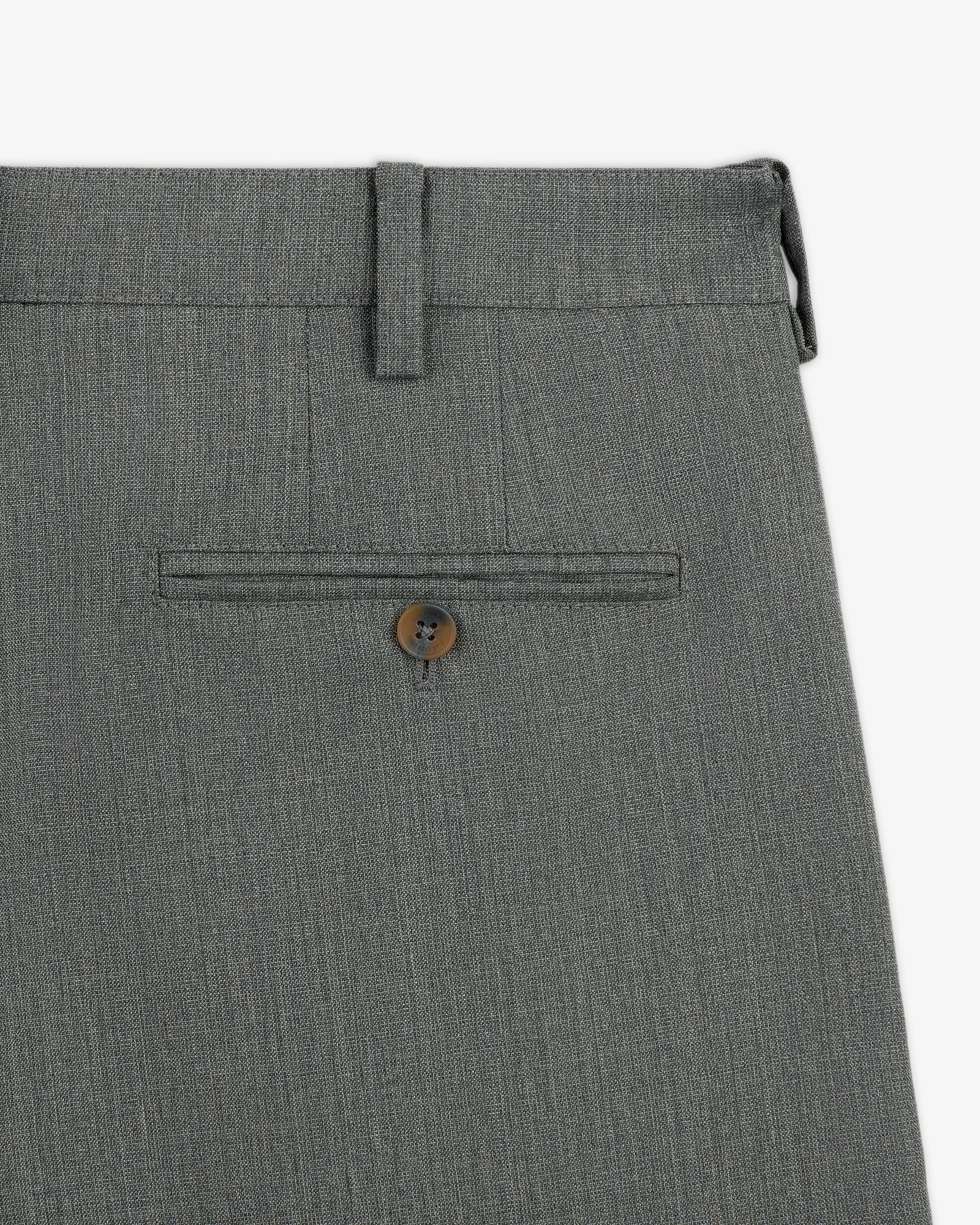 Close-up of Lightweight Cuffed Trouser in grey, featuring a back pocket with button and a belt loop at the waist.